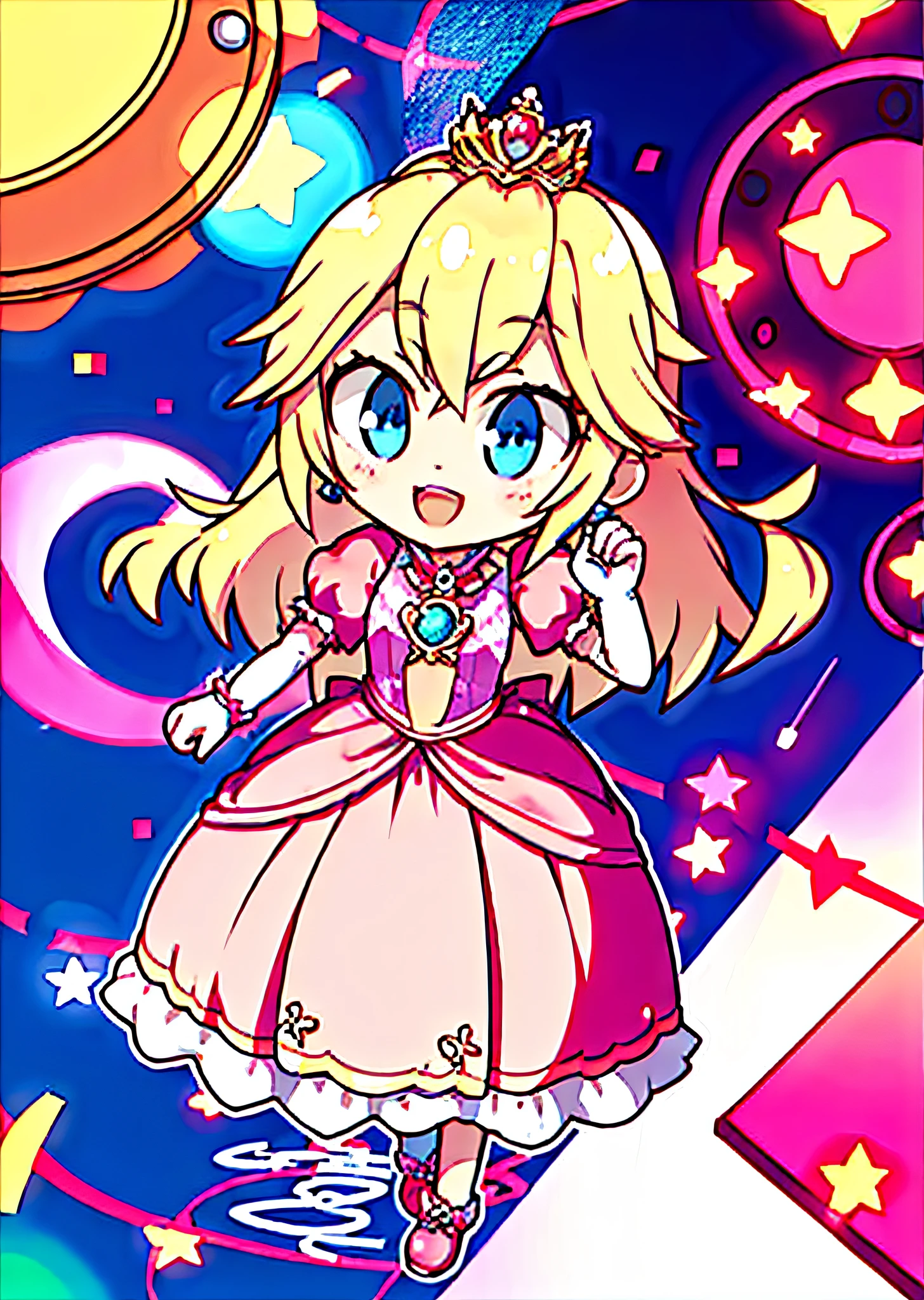 2D,2d rendering, estilo anime, princesa_peach blossom (vestindo vestido rosa), 1girl, blonde hair, happy expression, olhos azuis, pele brilhante, fundo simples