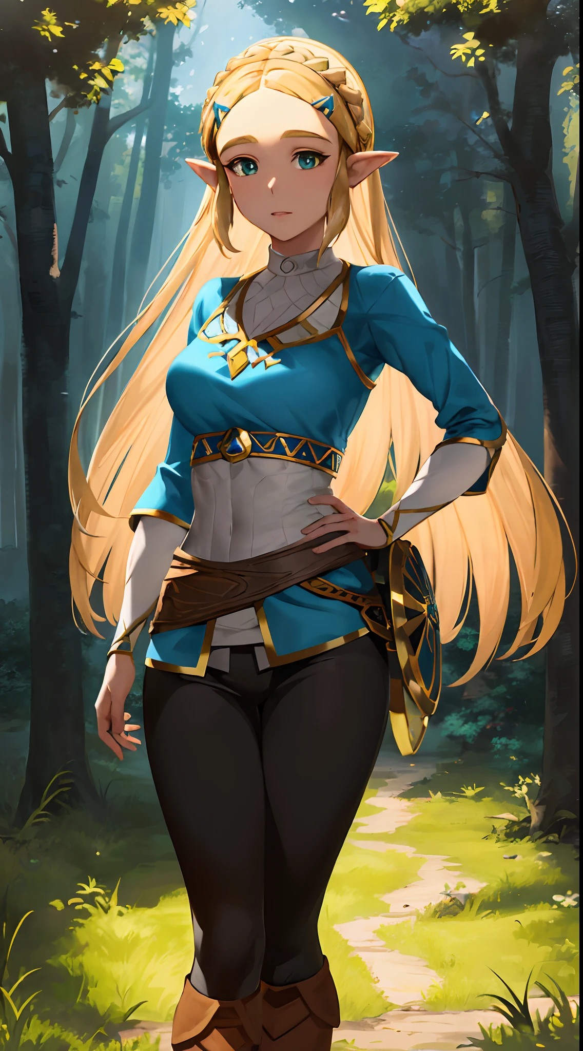 "An exquisite masterpiece with the best quality showcasing Princess Zelda from The Legend of Zelda: Breath of the Wild. Solo portrait of 1girl with black pants and a generously proportioned chest. Nintendo-inspired brilliance, the setting is in a bright forest."