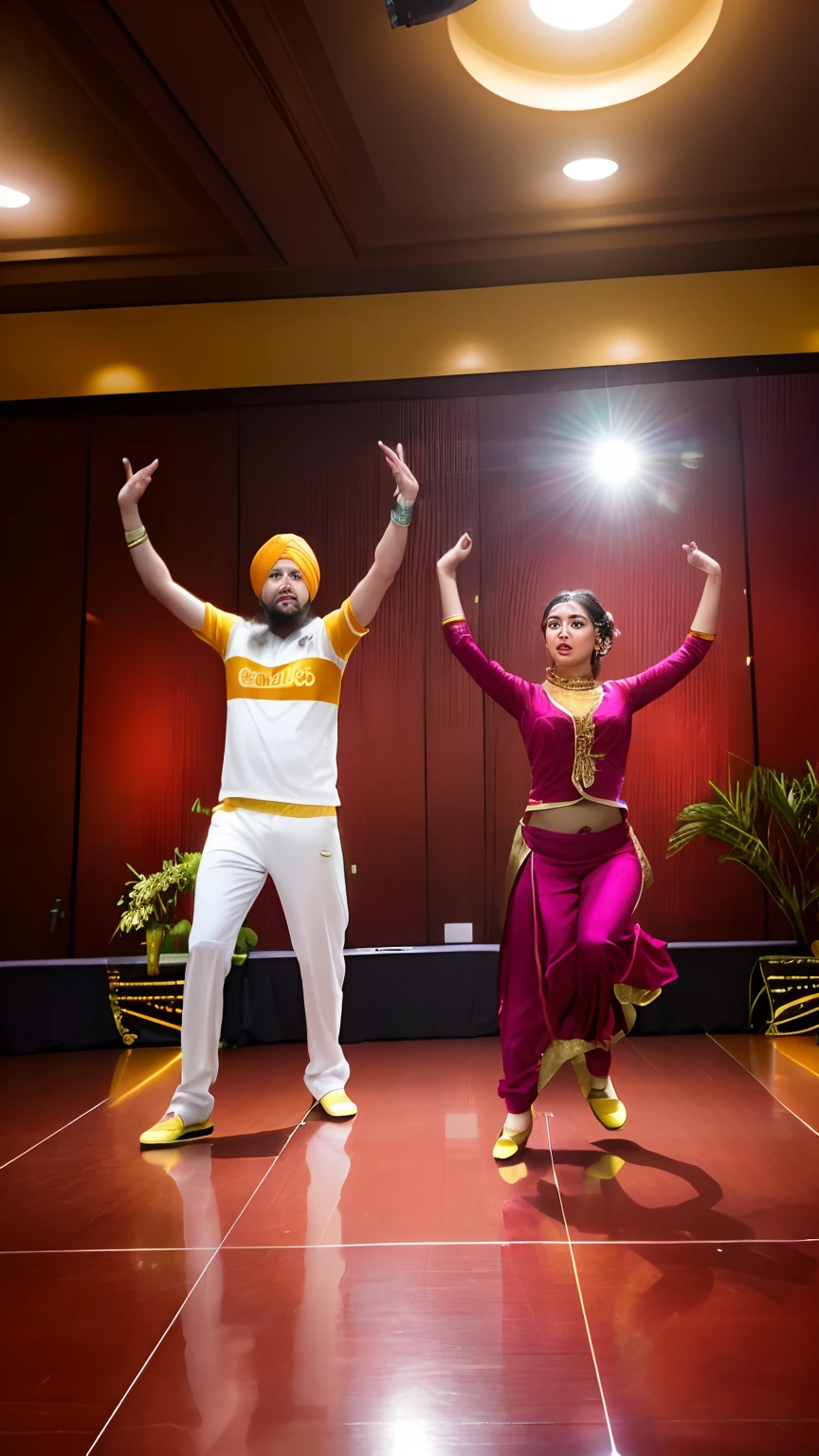 great looking , highly detailed, a handsome sikh man in a maroon shirt dancing with a beautiful girl in yellow outfits , dancing ,proper face, beautiful face , by Manjit Bawa, inspired by Manjit Bawa, new song, punjabi,india, amusing, nostalgic 8k, super, he is dancing, vibrant, masterpiece,crystal clear, 8K UHD, highly detailed glossy eyes, high detailed skin, skin pores