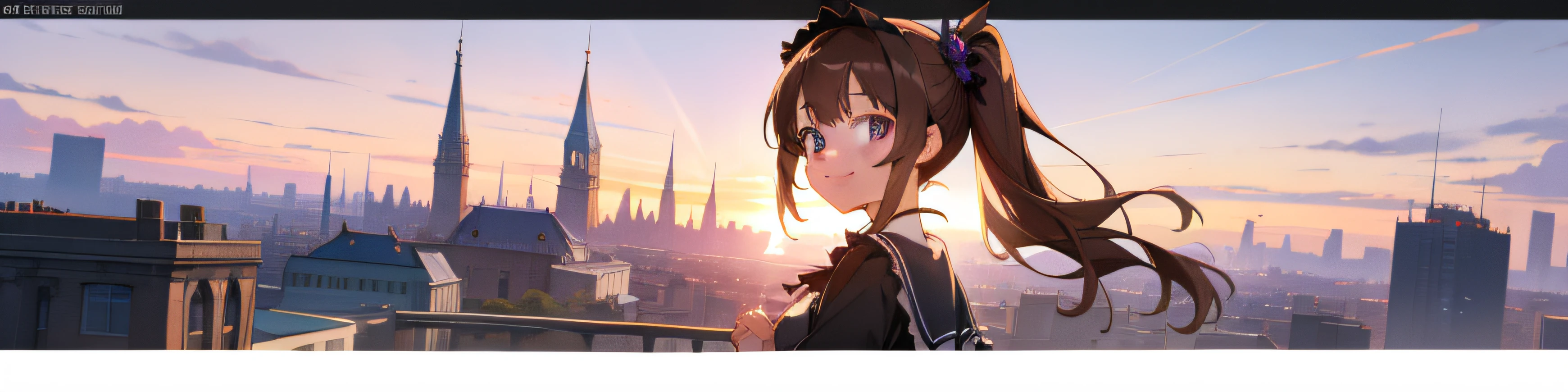 Anime,masterpiece,best quality,1girl,gothic ta,cityscape,smiling,brown hair,violet eyes,pony tail,teenager,background,clear sky,sunny,beautiful sunshine