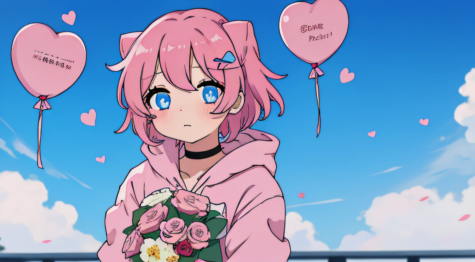 anime girl, teen ager, blue eyes, short pink hair, bangs, nervous, blush, heart-shaped pupils, pink hoodie, standing, holding bouquet of roses givint it, choker, pov, hairclip, outdoors, red heart balloon, love, romantic, blue sky