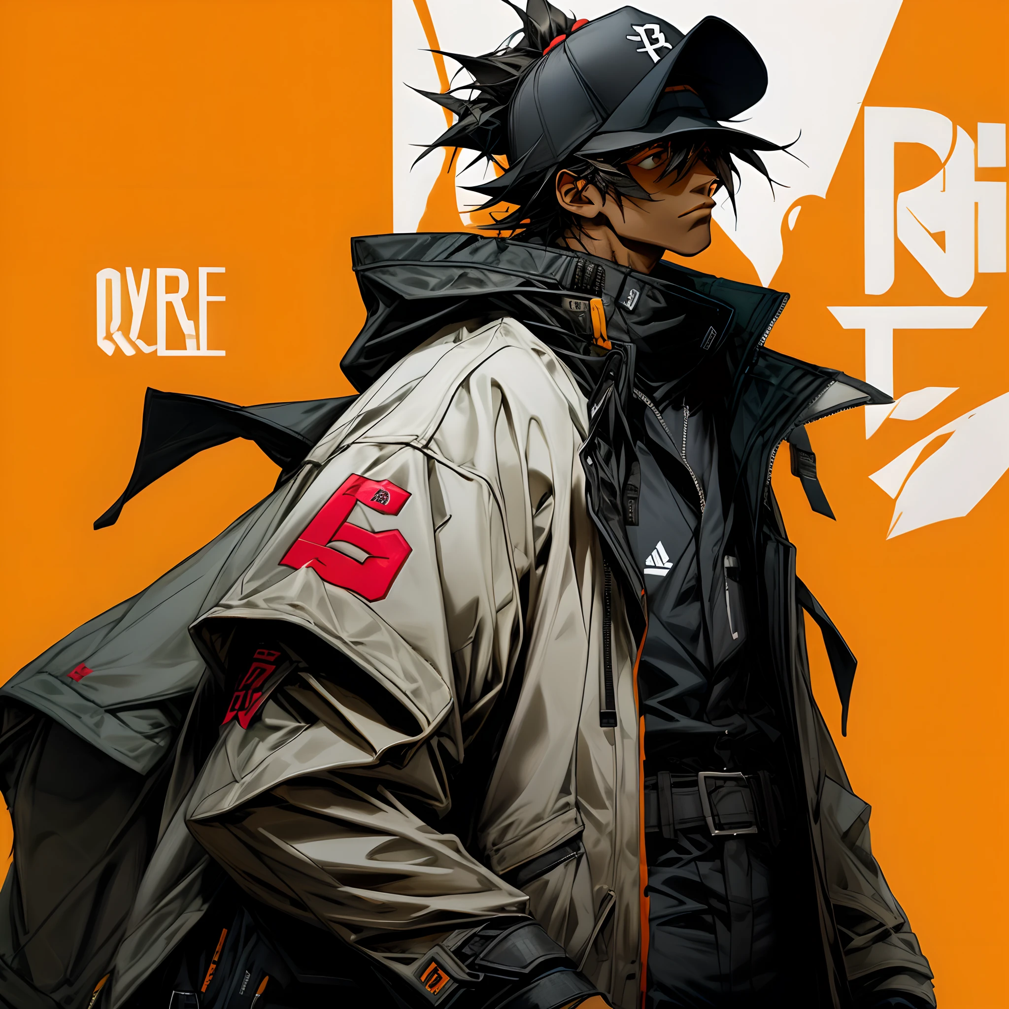 The man wears a black and white jacket,There is a word on it, Streetwear on R, Stylish outerwear,Baseball uniforms
