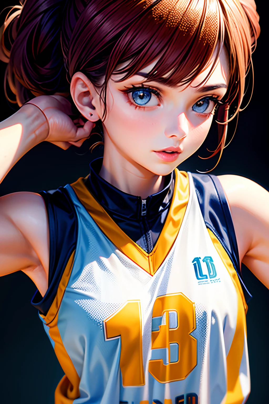 1girl, basketball jersey, girl playing basketball, muscle, (((masterpiece), high quality, 8k, detail, detail eyes