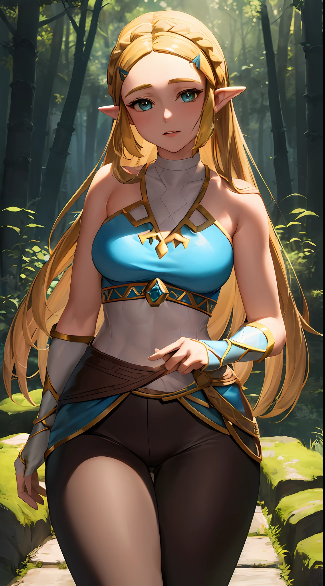 "An exquisite masterpiece with the best quality showcasing Princess Zelda from The Legend of Zelda: Breath of the Wild. Solo portrait of 1girl with black pants and a generously proportioned chest. Nintendo-inspired brilliance, the setting is in a bright forest."