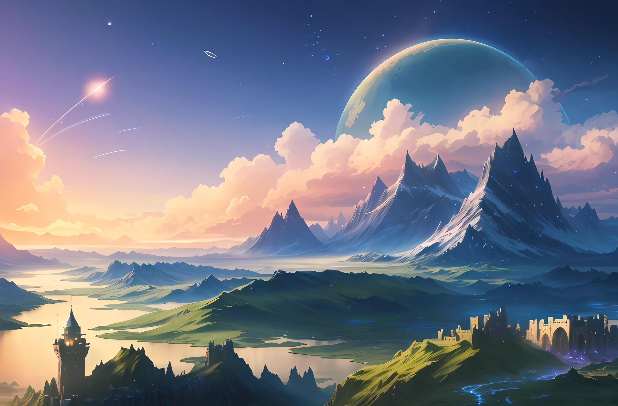 The landscape is quiet,The castle is magnificent,stunning fantasy landscape,Sci-fi fantasy wallpaper,Fantastic art landscape,4K Ultra HD digital art,Concept art wallpaper,Mysterious planetary landscape,Sci-fi desktop wallpaper,Amazing choice,Fantasy Wonderland,Alien world,Sci-fi style,Magic Planet,4K fantasy art,Highly fantasy landscape。