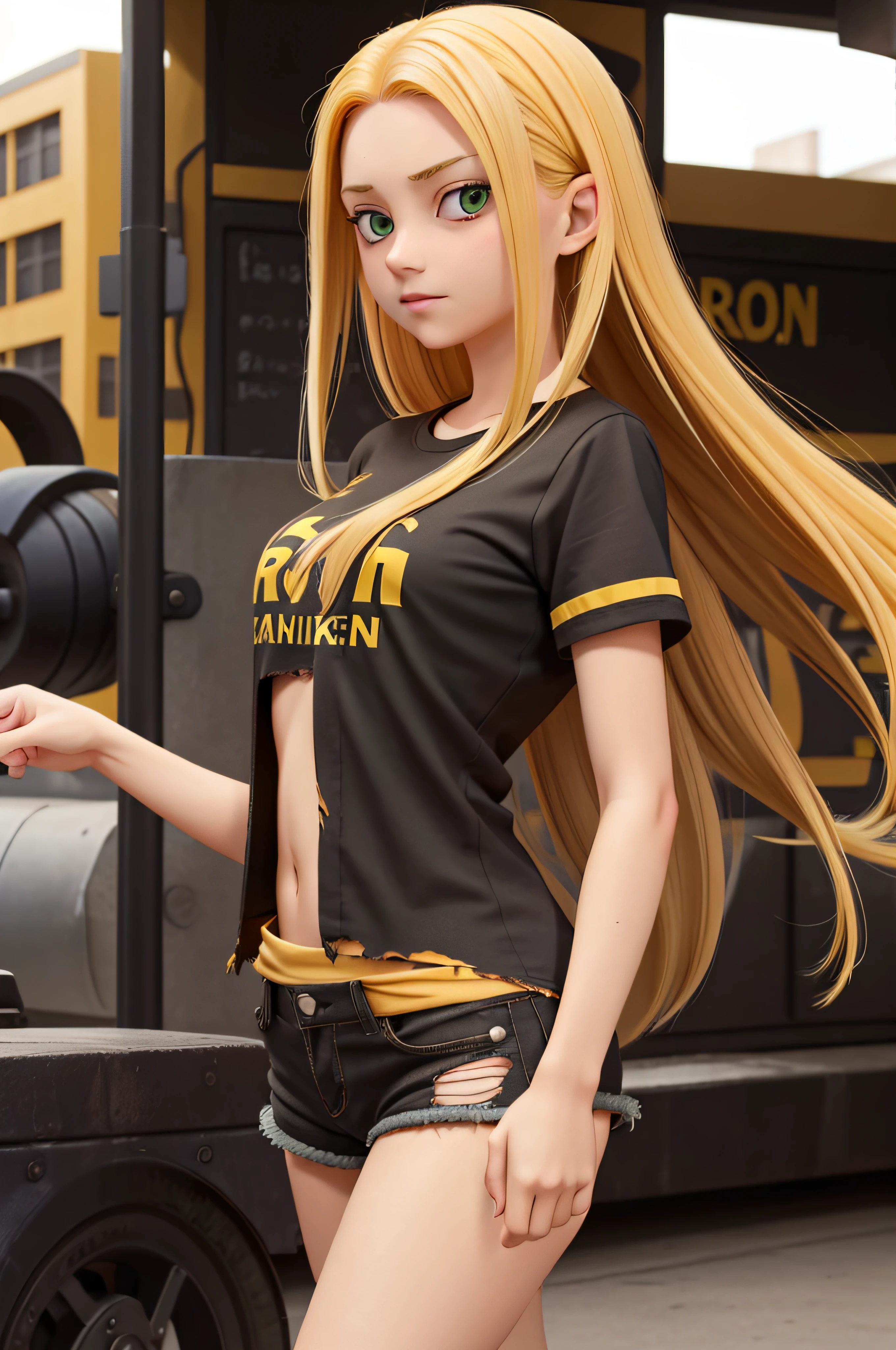 1 girl, 20 years old, long yellow hair, torn black shirt, black shorts, showing navel, green eyes, market