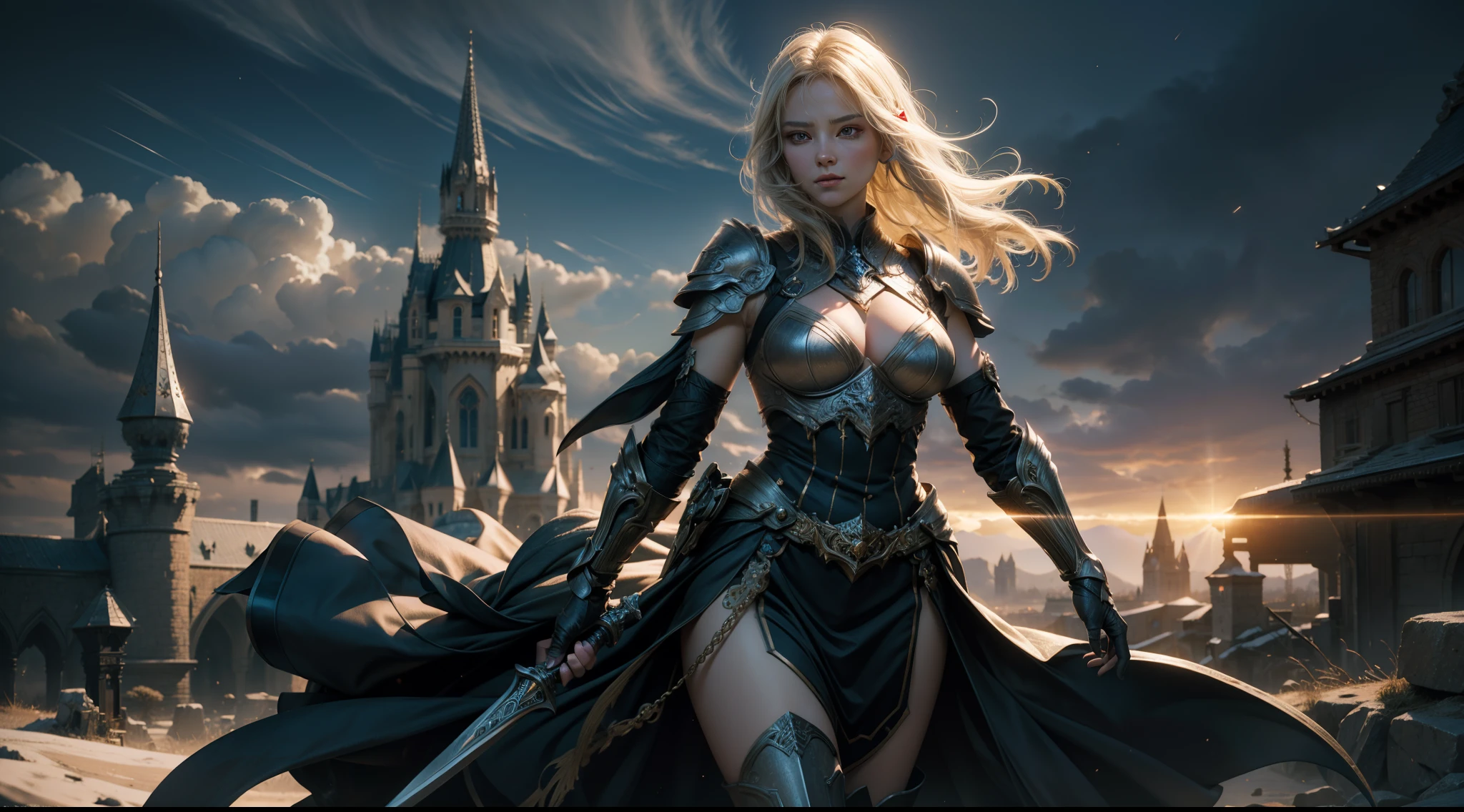 ((best qualtiy)), ((tmasterpiece)), ((Realistis)), (A detailed), (realisticlying:1.5),illusory engine, (High detail: 1.9),(femele:1.4),(big breasts beautiful: 1.4),(carismatic:1.3), (Large breasts), Female elf,beuaty girl,Exquisite armor,beauitful face, looking at viewert, dynamicposes, The background is the castle,hdr, Ray traching, NVIDIA RTX, Hyper-Resolution, Unreal 5, sub surface scattering, PBR textures, Post-processing, Anisotropic filtering, depth of fields, Maximum clarity and sharpness, trichotomy,8K original,(Luminous Particle:1.4),(VerydetailedCG,Unity 8k壁纸,cinmatic lighting,lens flare glow),Reflectors,Sharp focus,(((Glowing sword:1.8)))