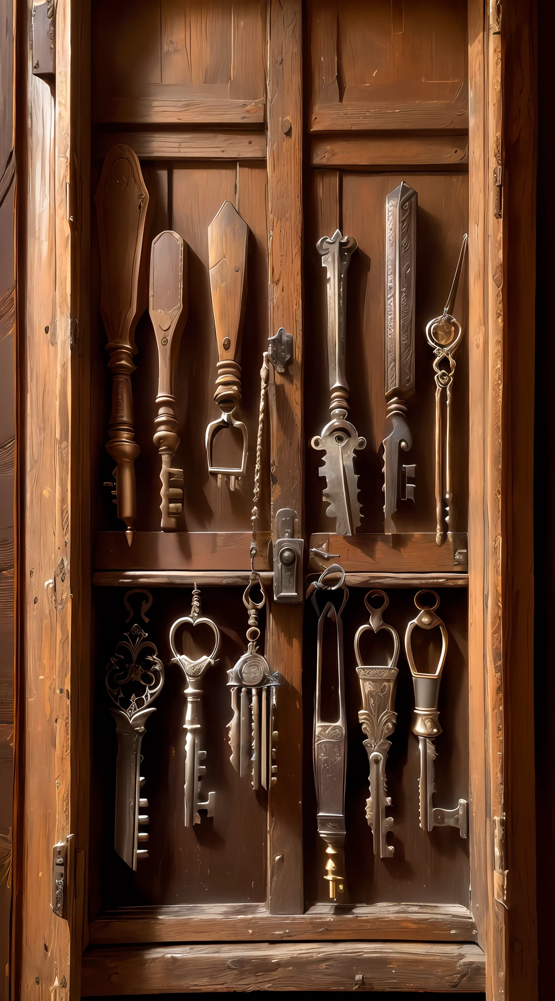 There are many keys in a wooden box with a lot of them, chaves antigas, Chaves, objetos barrocos, Antiguidades, antiguidade, Ferramentas, Directed by: Jakob Emanuel Handmann, detalhes meticulosos, old home decor, Directed by: Viktor de Jeney, objetos diversos, gabinete de curiosidades, chave ainda, quirky 1 9 th century, Directed by: Frederik Vermehren