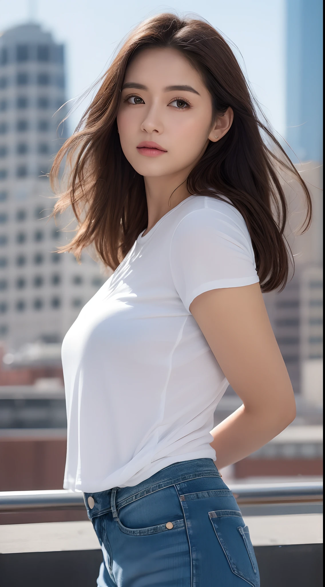 ((midynight, Need, 8k, tmasterpiece)), Whole body curve, Long legs, Close-up photography, perfect figure beautiful woman, Slim abs, long and dark brown hair, Plump breasts, white tight t-shirt, denim pant, Standing posture, Building roof background, Highly detailed facial and skin texture, Detailed eyes and double eyelids。