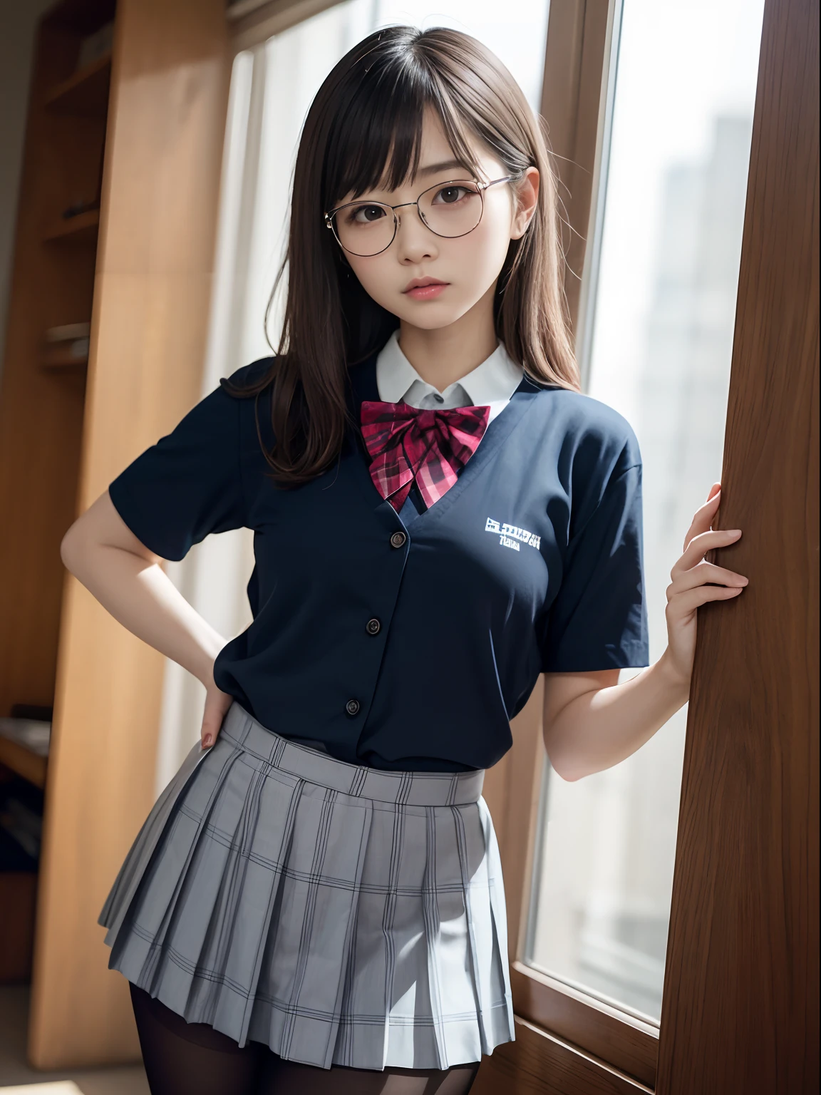 (8K、Raw photography、top-quality、masterpiece:1.2),(bob cuts),cocky,School,watching at viewers,Looking at the front,Muchimuchi,Erotic,Pupils,(Light blue bra seen through the shirt),de pele branca,kne,(Black pantyhose),absurderes,a small face,small tits,flat breast,Parting the bangs from the middle、Forehead visible,(a cold expression,Tight eyes,glares,Bullish,skinny,Rasping,irate)、masterpiece,top-quality、超A high resolution,Raw photo,ren,Beautiful fece,One Person, 独奏,eye glass,,Dark look,Small breasts,fullllbody,Round glasses、cute little,JK school uniform,hi-school girl,A Japanese Lady,is standing,(Photorealsitic:1.37)、Photon mapping,Realistic、Beautie,Cute little face,Brown-eyed、Black socks、(Red bow tie)、Radio City、Physically Based Rendering、depth of fields、Blurry background、a picture,Body,teens girl,beauty legs, Long legs, Thin leg,(Bangs are visible), hair, s lips, Blue_The eye, nosesoft,(Light blue shirt), (Navy and blue and white plaid pleated skirt), Knees are visible,Sheer clothing,, Thigh, Black cotton socks,Nogizaka Idol, 女優, Japanese ido