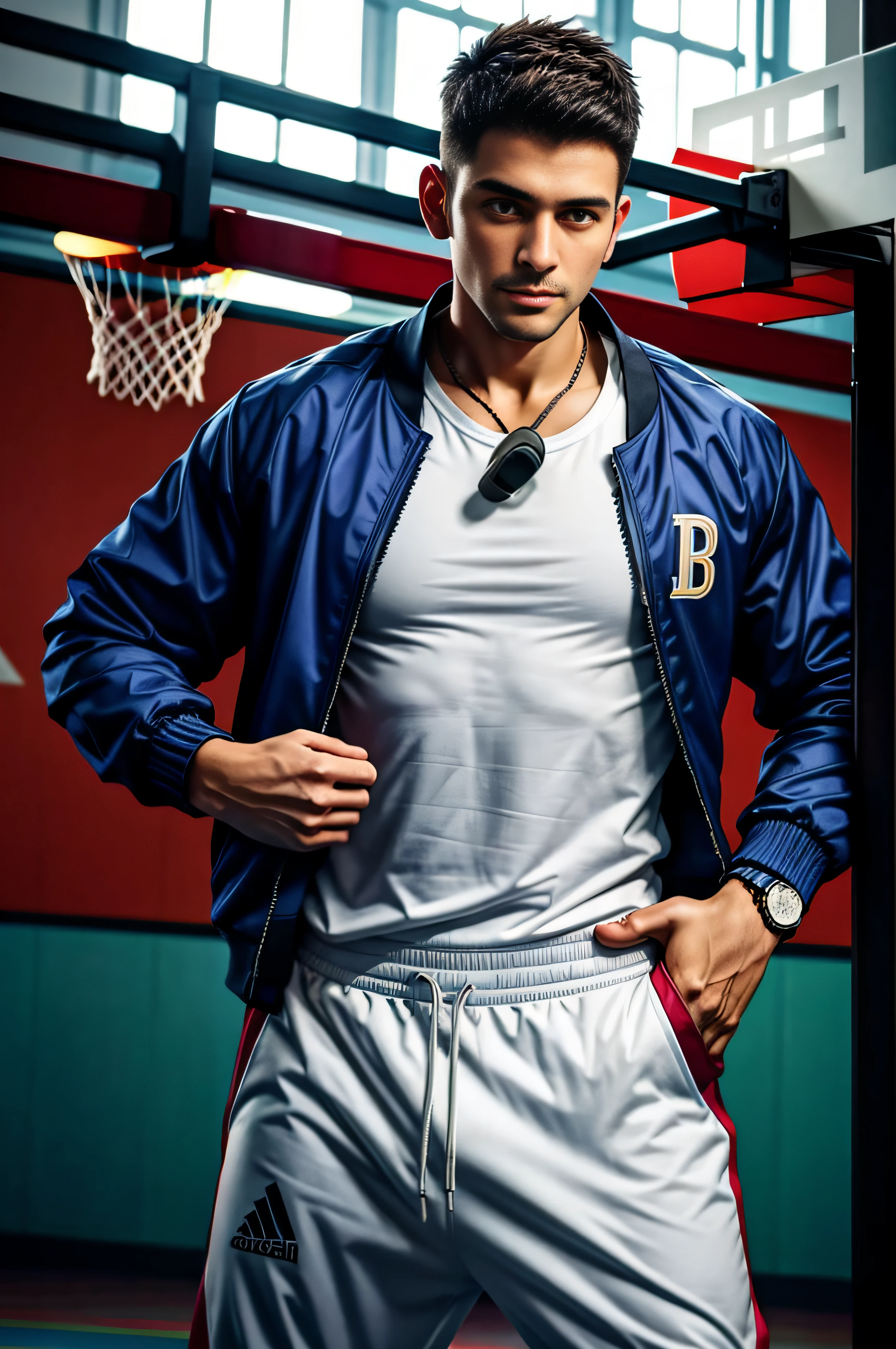 Best quality, Masterpiece, A high resolution, Detailed, Perfect anatomy,  Pechich, A 35-year-old male, school, tracktop jacket, Open jacket, White shirt, gym, whistle around neck,The upper part of the body，basketball playground，track pants，The crotch is raised