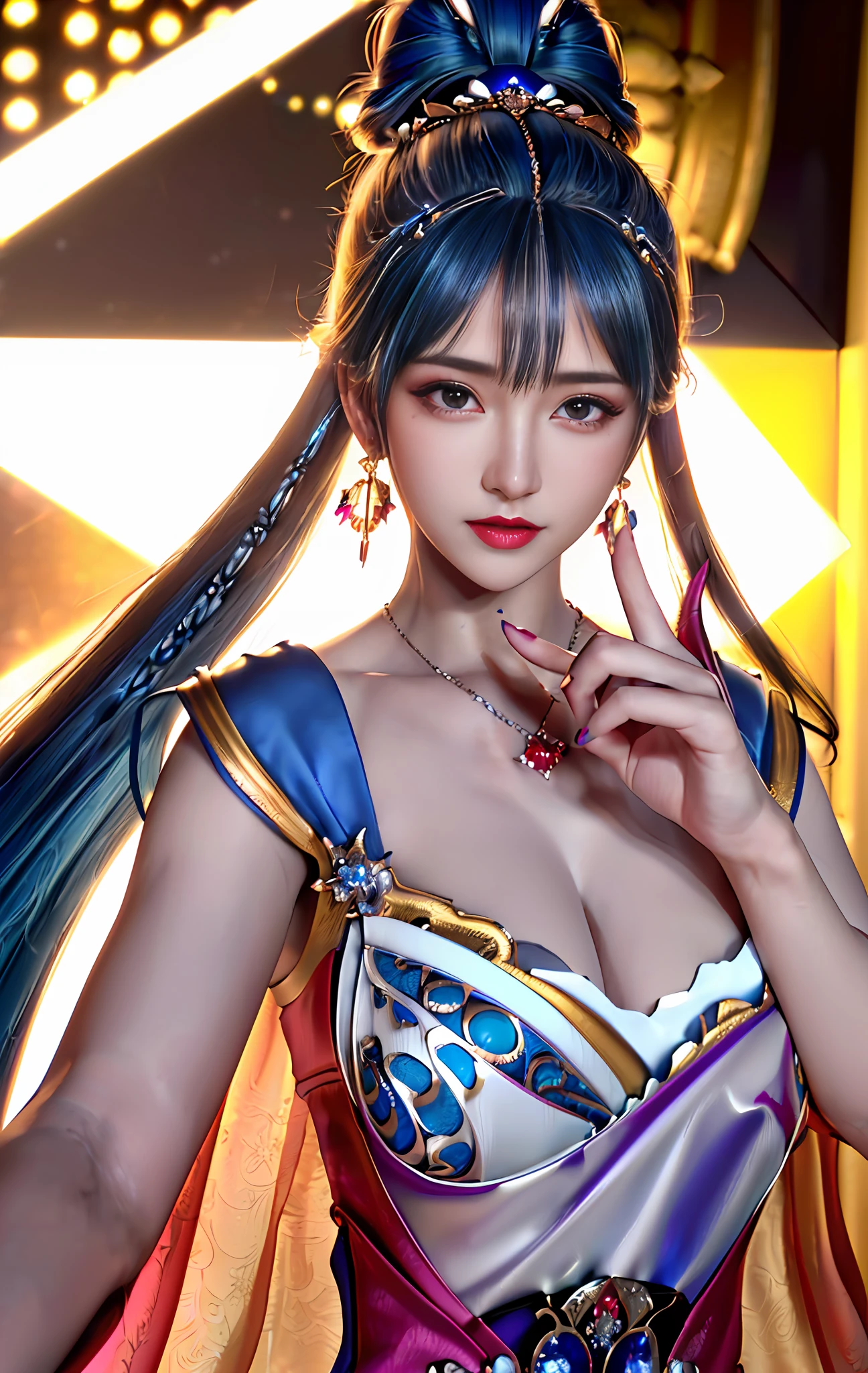 ((realisticity: 1.2)), ((realistic: 8K UHD)), ((best resolution: 8K UHD)), hyper detailed, best quality,masterpiece,highres,cg, ((1 girl hyper detailed and hyper realistic) ) , ((beautiful queen, hyper realistic and hyper detailed)),((white skin, beautiful, smooth, youthful, hyper realistic and hyper detailed )), ((Face hyper beautiful, white, hyper realistic and hyper detailed ) ), long hair, ((hyper realistic and hyper detailed dress)), solo, ((hyper realistic, hyper beautiful, beautiful and hyper detailed jewelry)), ((hyper beautiful deep red and golden yellow dress, hyper realistic and hyper detailed )) , ((Her pretty, hyper realistic, hyper detailed diamond filled earrings)), ((Her gorgeous diamond haircut, hyper realistic and hyper detailed)), ((hyper pretty upper body, hyper beautiful, hyper realistic and hyper detailed) ), ((medium breast: 1.5)), ((hyper realistic, hyper pretty, hyper detailed boobs)), ((the backgroun of the royal palace is hyper majestic, hyper realistic and hyper detailed)),((hands and palms hyper beautiful, hyper detailed, hyper realistic)), ((hyper detailed and hyper realistic fingers and fingernails)), ((hyper pretty, hyper pretty, hyper realistic and hyper detailed hair bun)), ((hyper pretty , hyper realistic and hyper detailed blue hair)), candid, Photo, high resolution, 8k , bokeh,