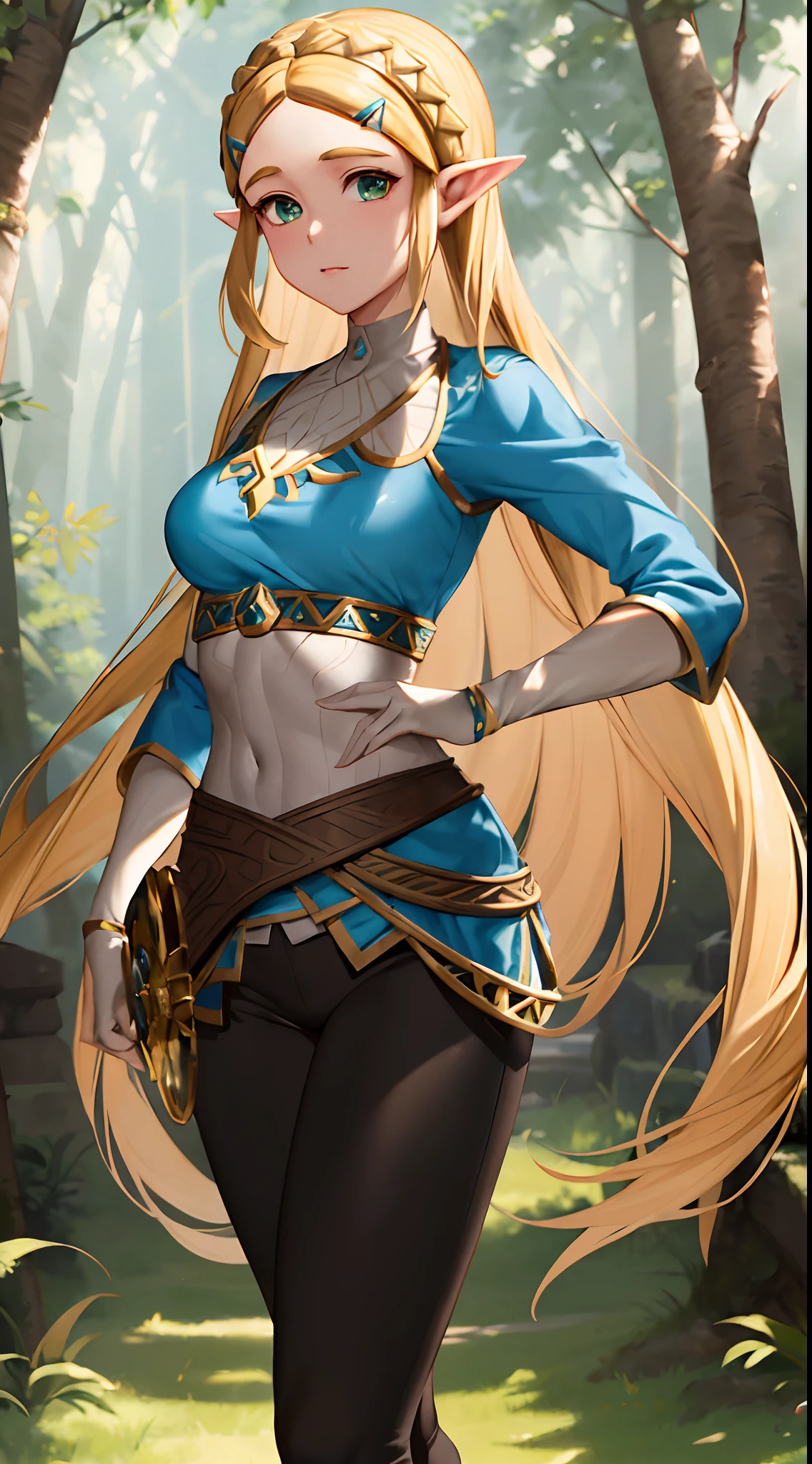 "An exquisite masterpiece with the best quality showcasing Princess Zelda from The Legend of Zelda: Breath of the Wild. Solo portrait of 1girl with black pants and a generously proportioned chest. Nintendo-inspired brilliance, the setting is in a bright forest."