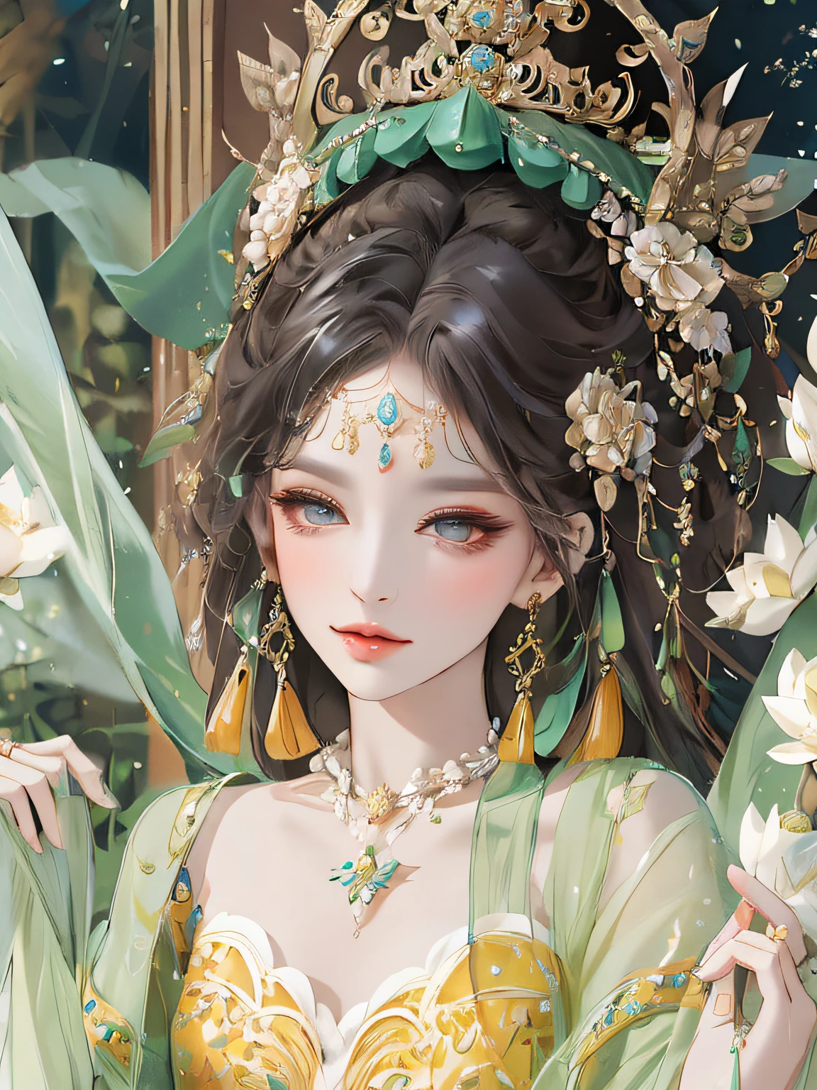 a close up of a woman in a green dress with flowers, a beautiful fantasy empress, ((a beautiful fantasy empress)), Palace , A girl in Hanfu, gilded lotus princess, beautiful and elegant elf queen, Beautiful character painting, Guviz, Inspired by Lan Ying, Princesa chinesa antiga, Inspired by Huang Ji, trending on cgstation, 8K))