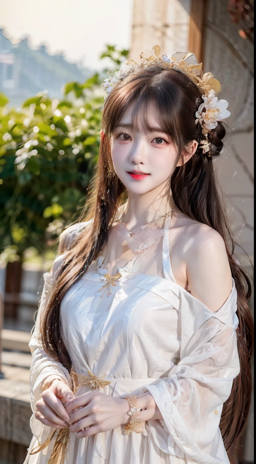closeup on face, Face shot, (White dress :1.7), short miko skirt, Long streamers, blonde hairs, golden hair, (Pointed ears: 1.5), (Gold pattern quality:1.3), female pubic hair, with long blond hair, Off-the-Shoulders, Top detail CG quality 4K wallpaper, Master, A Masterpiece, portraits, The middle, Watch the footage, Beautiful Chinese-Korean mixed race idol, ((Super fine face, detailed description of facial features)), Lip biting makeup, Sweet smile, Perfect facial features, Model figure, Good complexion, the trees, branches, Golden meadow, stream, Golden leaves, Evening, Twilight, The setting sun, Twilight, autumn, twin braids, hair strand, diagonal bangs, hair ribbon, hair ornament, forehead jewel, jeweled branch of hourai, crescent hair ornament, fish hair ornament, hime cut, low ponytail, realism, god rays, sparkle, cinematic lighting, lens flare, UHD, high details, high quality, highres, best quality, 8k, 16k, high details, high quality, super detail, anatomically correct, masterpiece, ccurate