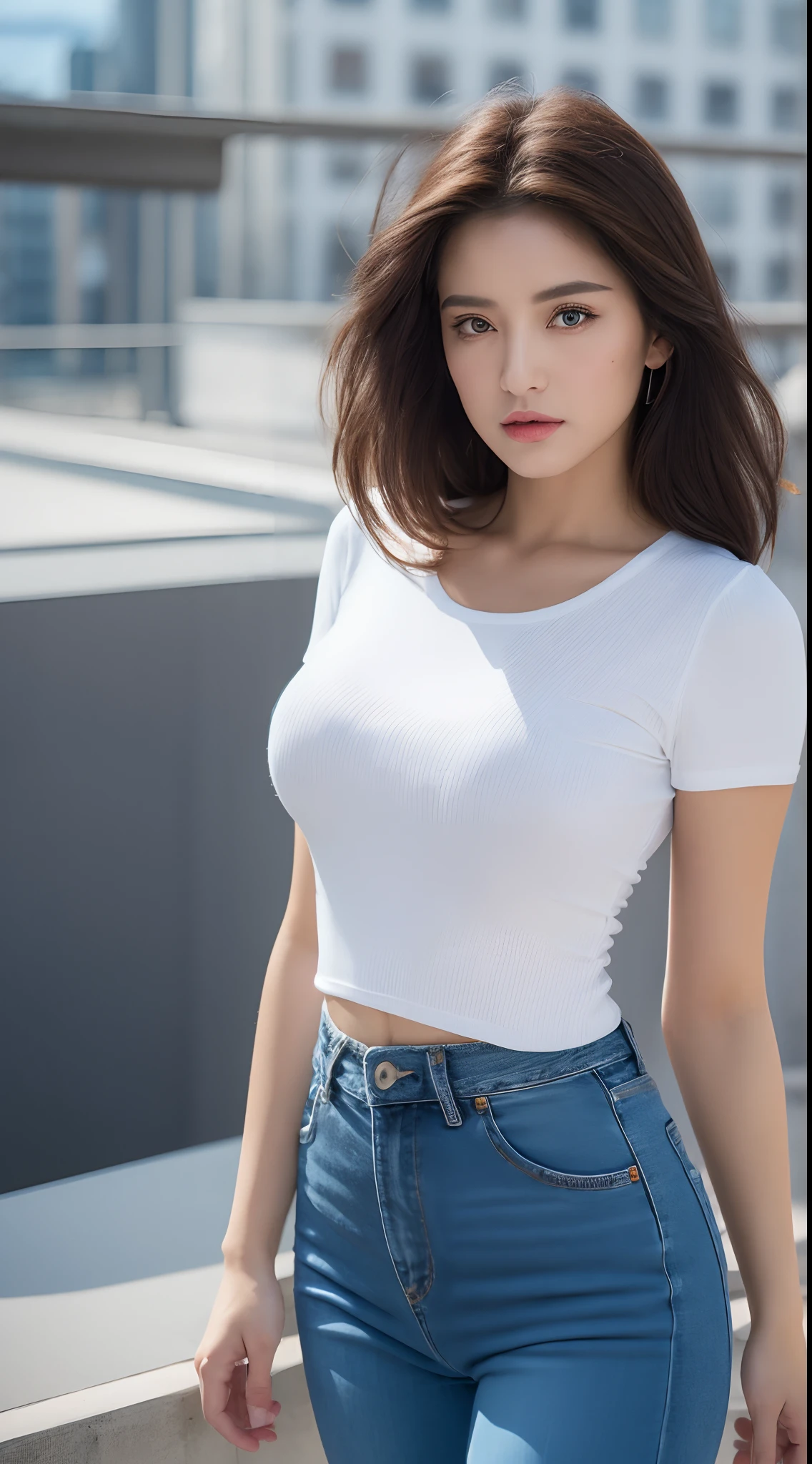 ((midynight, Need, 8k, tmasterpiece)), Whole body curve, Long legs, Close-up photography, perfect figure beautiful woman, Slim abs, long and dark brown hair, Plump breasts, white tight t-shirt, denim pant, Standing posture, Building roof background, Highly detailed facial and skin texture, Detailed eyes and double eyelids。