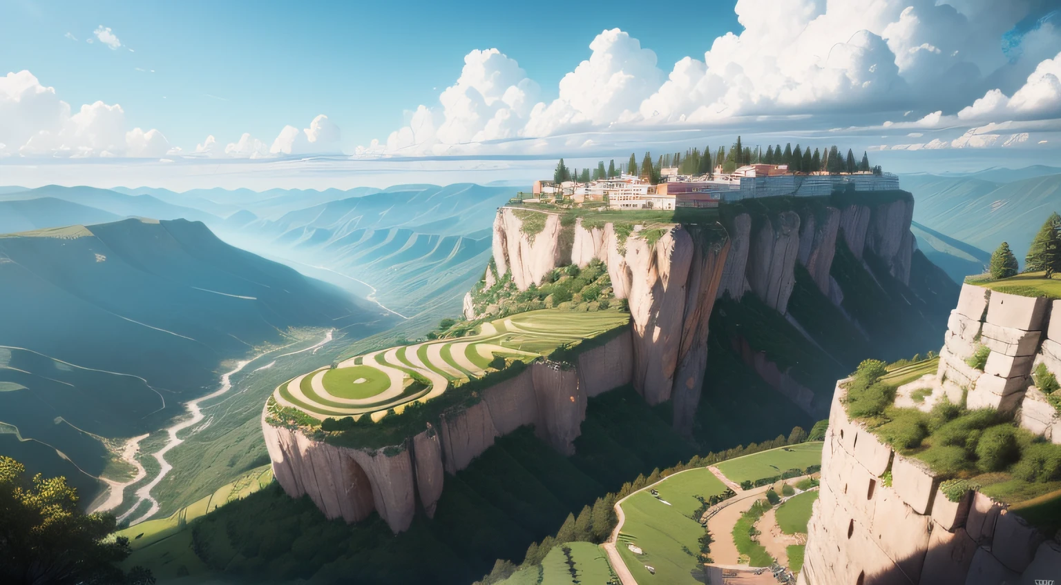 Green mountain terraces,Looming village houses,There is a ravine in the middle of the mountains,A huge circular white cloud fell right in the middle of the canyon