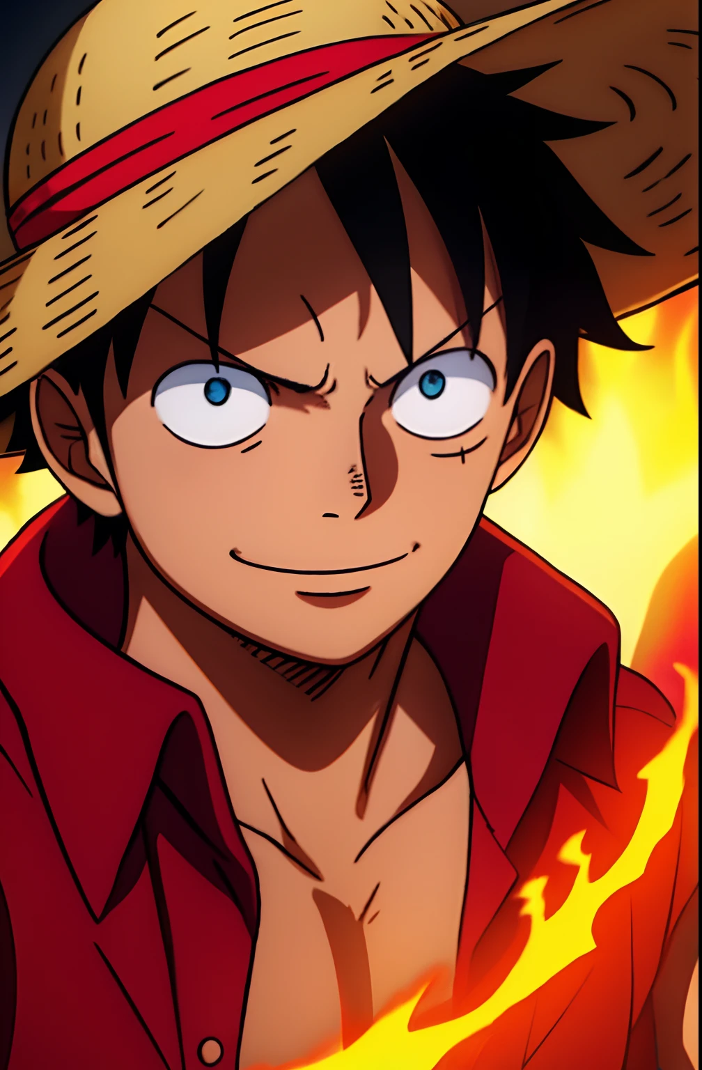 1boy, wanostyle, monkey d luffy, smiling, straw hat, looking at viewer, solo, upper body, ((masterpiece)), (best quality), (extremely detailed), depth of field, sketch, dark intense shadows, sharp focus, soft lighting, hdr, colorful, good composition, fire all around, spectacular, closed shirt, anime screencap, scar between eye, ready to fight, blue eyes