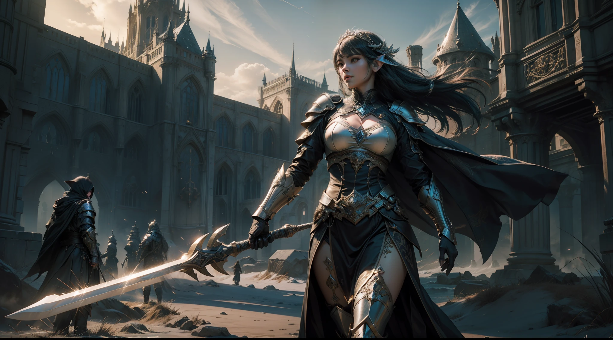 ((best qualtiy)), ((tmasterpiece)), ((Realistis)), (A detailed), (realisticlying:1.5),illusory engine, (High detail: 1.9),(femele:1.4),(big breasts beautiful: 1.4),(carismatic:1.3), (Large breasts), Female elf,beuaty girl,Exquisite armor,beauitful face, looking at viewert, dynamicposes, The background is the castle,hdr, Ray traching, NVIDIA RTX, Hyper-Resolution, Unreal 5, sub surface scattering, PBR textures, Post-processing, Anisotropic filtering, depth of fields, Maximum clarity and sharpness, trichotomy,8K original,(Luminous Particle:1.4),(VerydetailedCG,Unity 8k壁纸,cinmatic lighting,lens flare glow),Reflectors,Sharp focus,(((Glowing sword:1.8)))