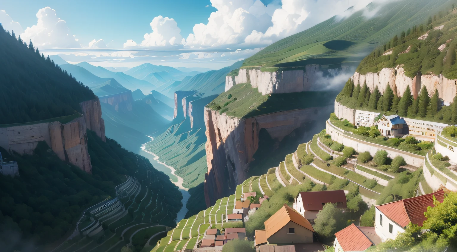 Green mountain terraces，Looming village houses，There is a ravine in the middle of the mountains，A huge circular white cloud fell right in the middle of the canyon