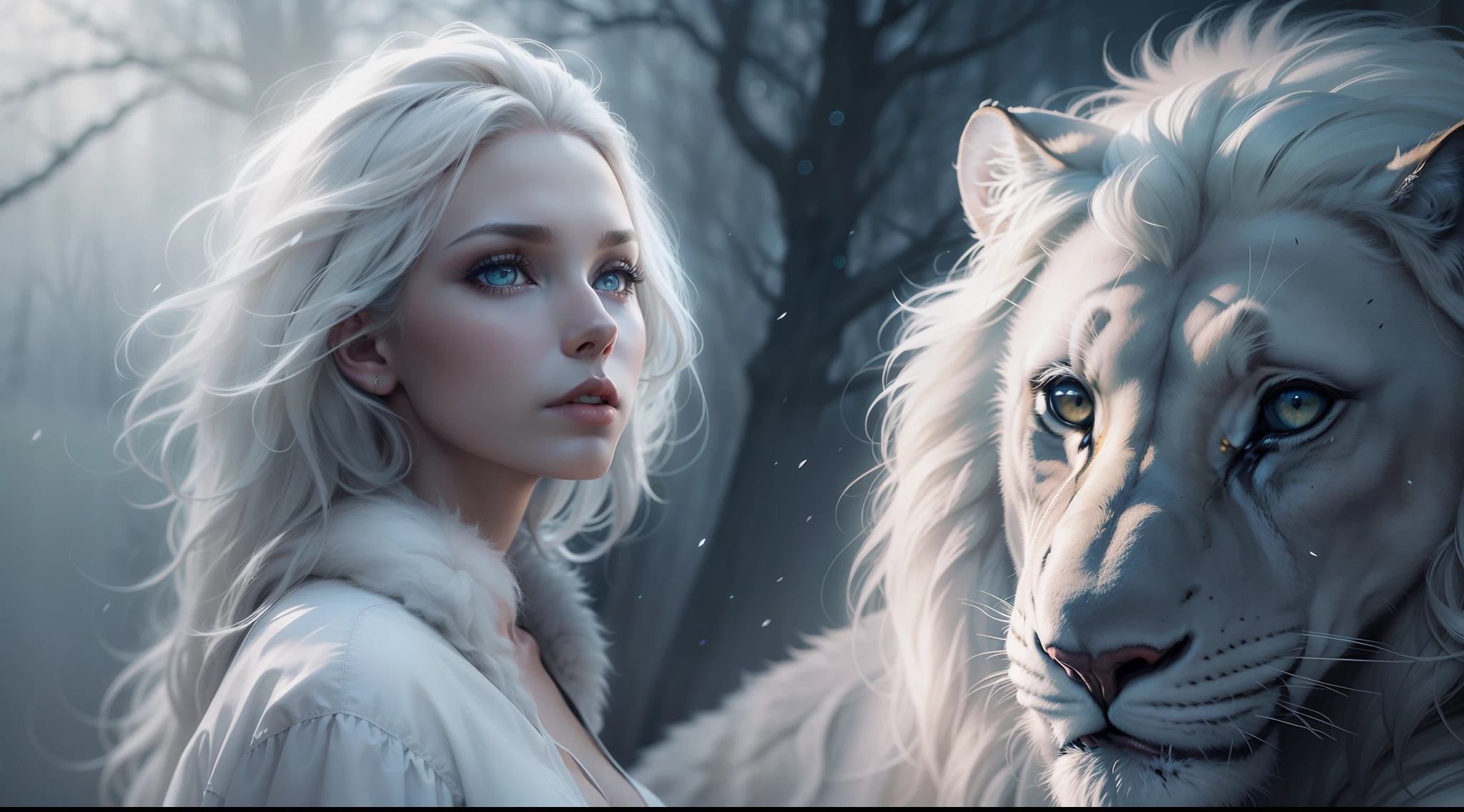 Dark and magical night, magic mist, Beautiful and beautiful woman next to a white lion, estilo de capa de filme, similar to actress Lauren German, Realistic, white lion next to German Lauren, mulher nova de 24 anos, magical effect, arte crua, best quality, foco nos detalhes, Lauren German, vestido de casaco, olhos azuis, longos cabelos brancos de neve, Fundo de imagem de floresta escura, estilo de capa de filme, menina que caminha na floresta nevada, Woman and Lion.