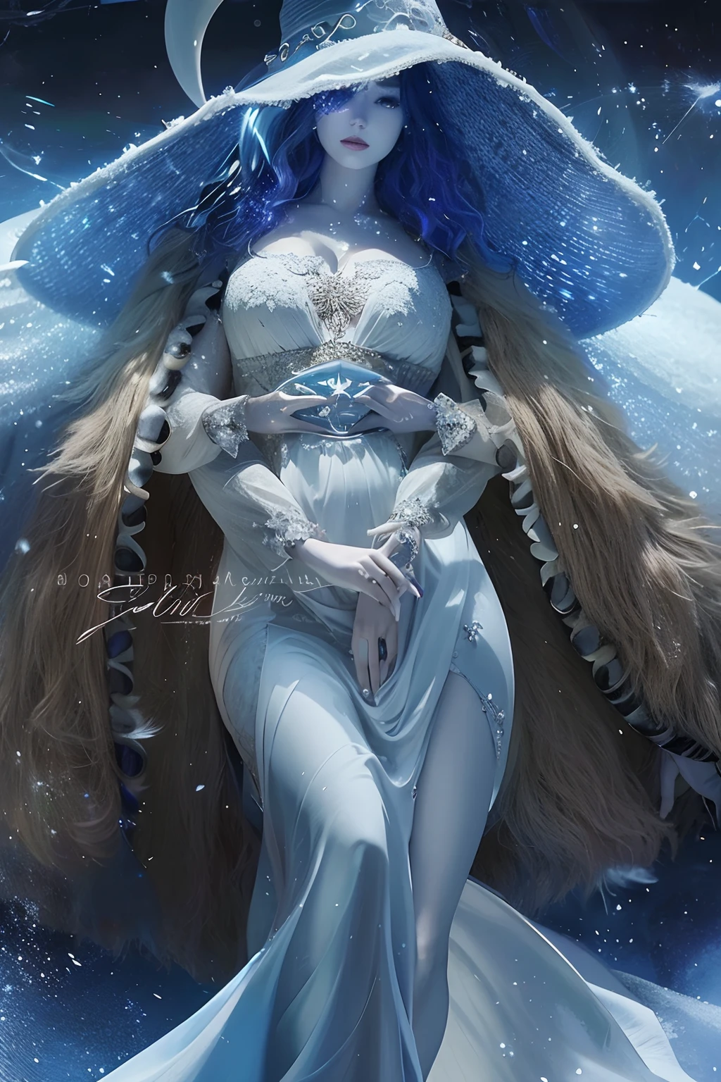 Close-up of a woman in a white dress and blue hat, goddess of winter, style of karol bak, Earth goddess mythology, celestial goddess, beautiful ancient frost witch, beautiful fantasy art, jellyfish priestess, Inspired by Carol Barker, Goddess of the moon, amano and karol bak, lunar goddess, very beautiful fantasy art，Four-handed beauty，Elden Law Ring Snow Witch