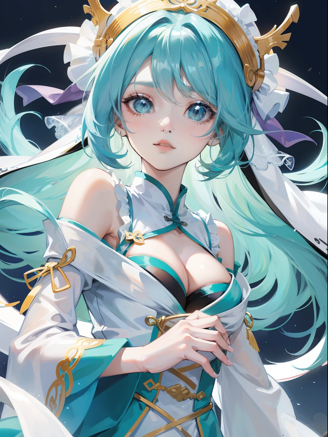 Anime girl with light blue hair, Anime girl with teal hair, In an anime style, soft anime illustration, Pale young girl, anime moe art style, Lori, In anime style, Anime Character, , cute anime style, an anime girl, As an anime character、Chinese-style clothing,cleavage of the breast，((1 girl in))，white  clothes，white Wedding veil,Bright background,Bewitching girl、ssmile