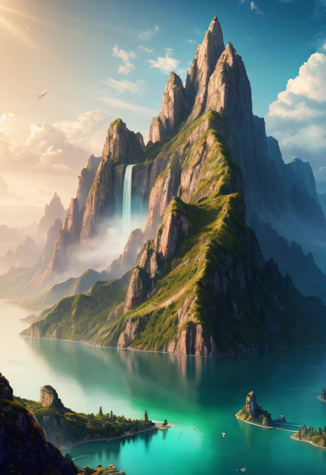 Masterpiece, best quality, high quality, extremely detailed CG unity 8k wallpaper, landscape, outdoor, sky, cloud, sky, no humans, mountain, landscape, water, tree, blue sky, waterfall, cliff, nature, lake, river , cloudy skies, award winning photography, bokeh, depth of field, HDR, bloom, chromatic aberration, photorealism, very detailed, trending on artstation, trending on CGsociety, intricate, high detail, dramatic, midjourney art
