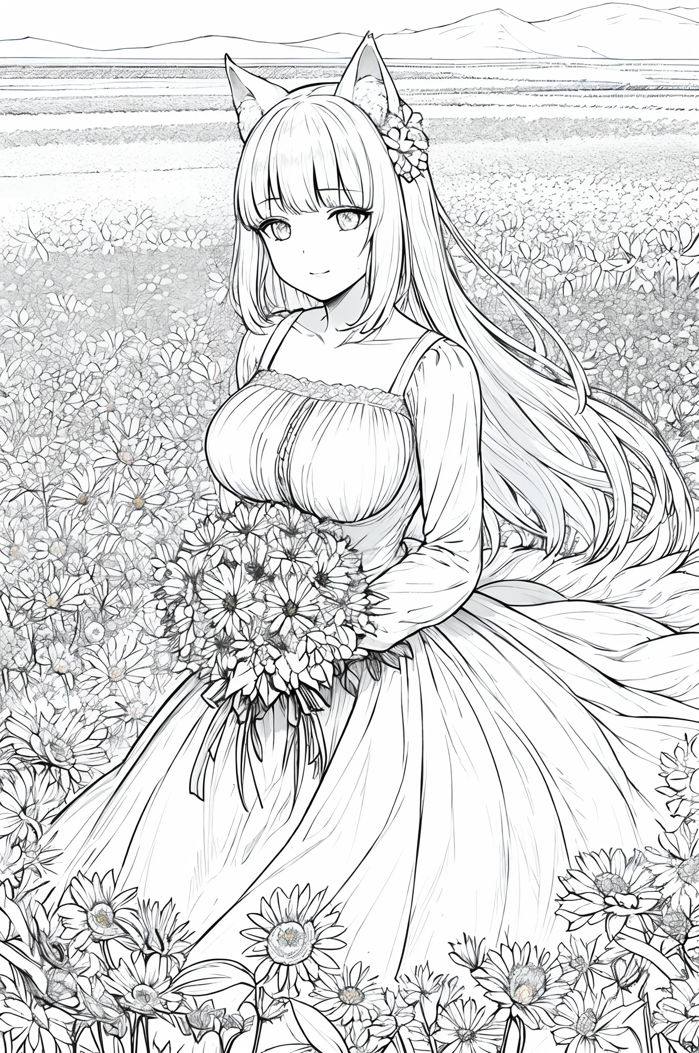 Big breasts ((wolf girl)) perfect eyes, masterpiece, best quality, ((1girl)), ground, long hair, bangs, , dress, puffy long sleeves, dress, holding bouquet of flowers, closed mouth, flower, ruffles , hair_flower, petals, parted lips shy smile, field of flowers, field of flowers, lineart, monochrome, in the middle of a Field of flowers, only the flowers have bright colors