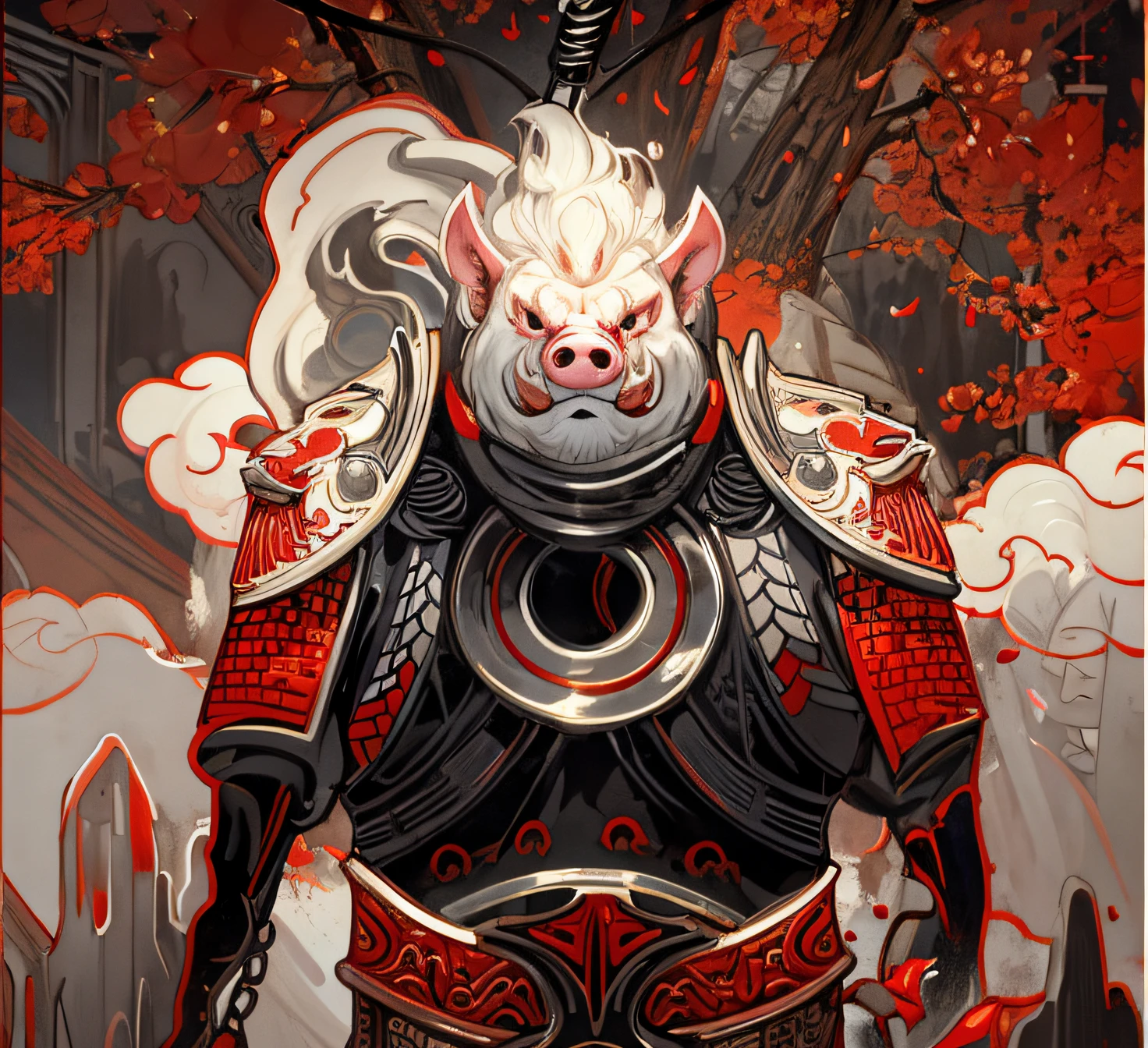 Hideous-looking, Fierce and evil, buck teeth, Pig, Big ears,, Demonize, unholy, head portrait,, Pig ears, the new Chinese style, onmyoji, Extreme light and shadow,  angle of view, Anime style, Chiaroscuro, Depth of field, Ray tracing, reflective light, ,Super detail, ccurate, Best quality, Masterpiece, High details, A high resolution, 16k。