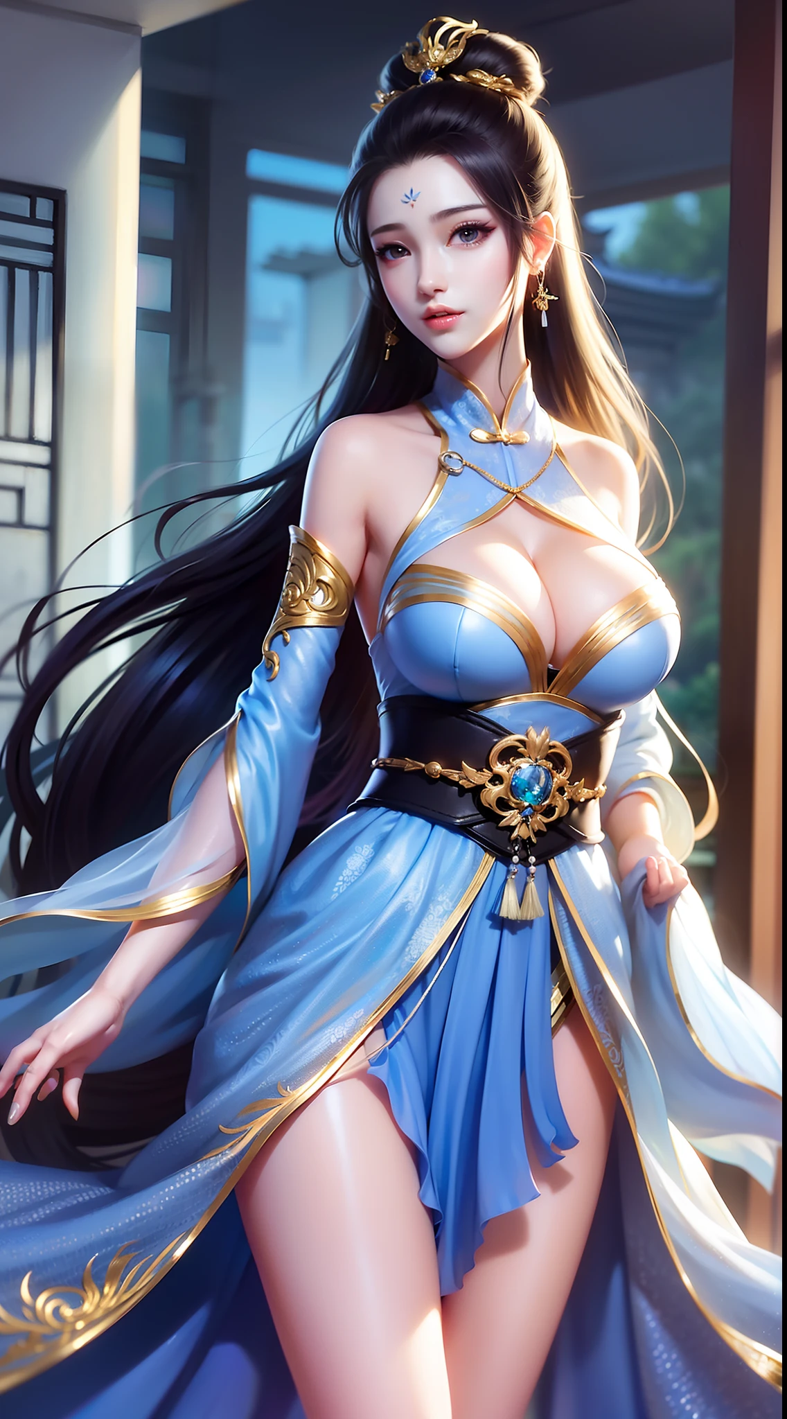 ((best qualtiy)),RAW photos,((tmasterpiece)),Need,超高分辨率,16k,Super clear picture quality,Wallpapers,realisticlying,Front lighting,Complicated details,Exquisitedetailsandtextures,1girll,独奏,Chinese architectural background,(年轻),full bodyesbian,Facial highlights,((Super detailed facial details)),Whitish skin,Black color hair,hair adornments,hair-bun,Ji hair style,耳Nipple Ring,looking at viewert,largeeyes,prette,sweet,Pure desire ceiling,Hanfu,show legs,(Breast enlargement:C cup),slimfigure,Chinese courtyard,Beautiful surroundings,best illuminate,softlighting,Vivid and bright,Graphics card rendering