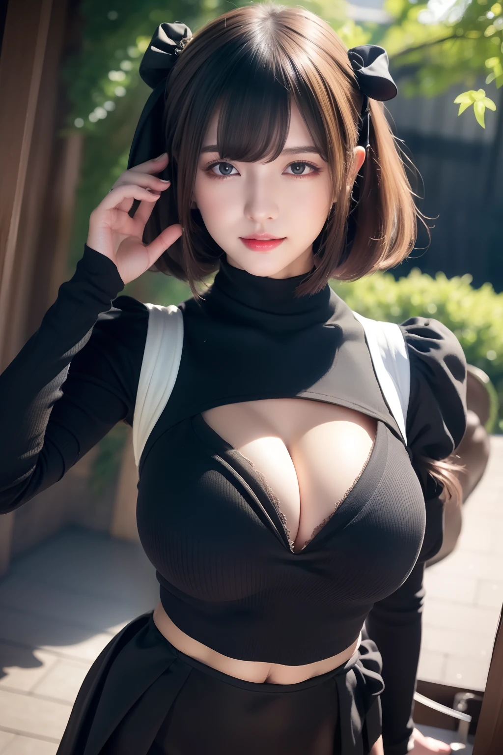 Type 2B，1girll，（Blindfolded），nedium breasts，cleavage，cleavage cutout，clothing cutout，huge tit，Hair between both eyes，shairband，A high resolution，Juliet sleeves，longer sleeves，nier automata，Fluffy sleeves，Redlip，shaded face，short detailed hair，独奏，high-necksweater，The upper part of the body，whaite hair，Skysky，