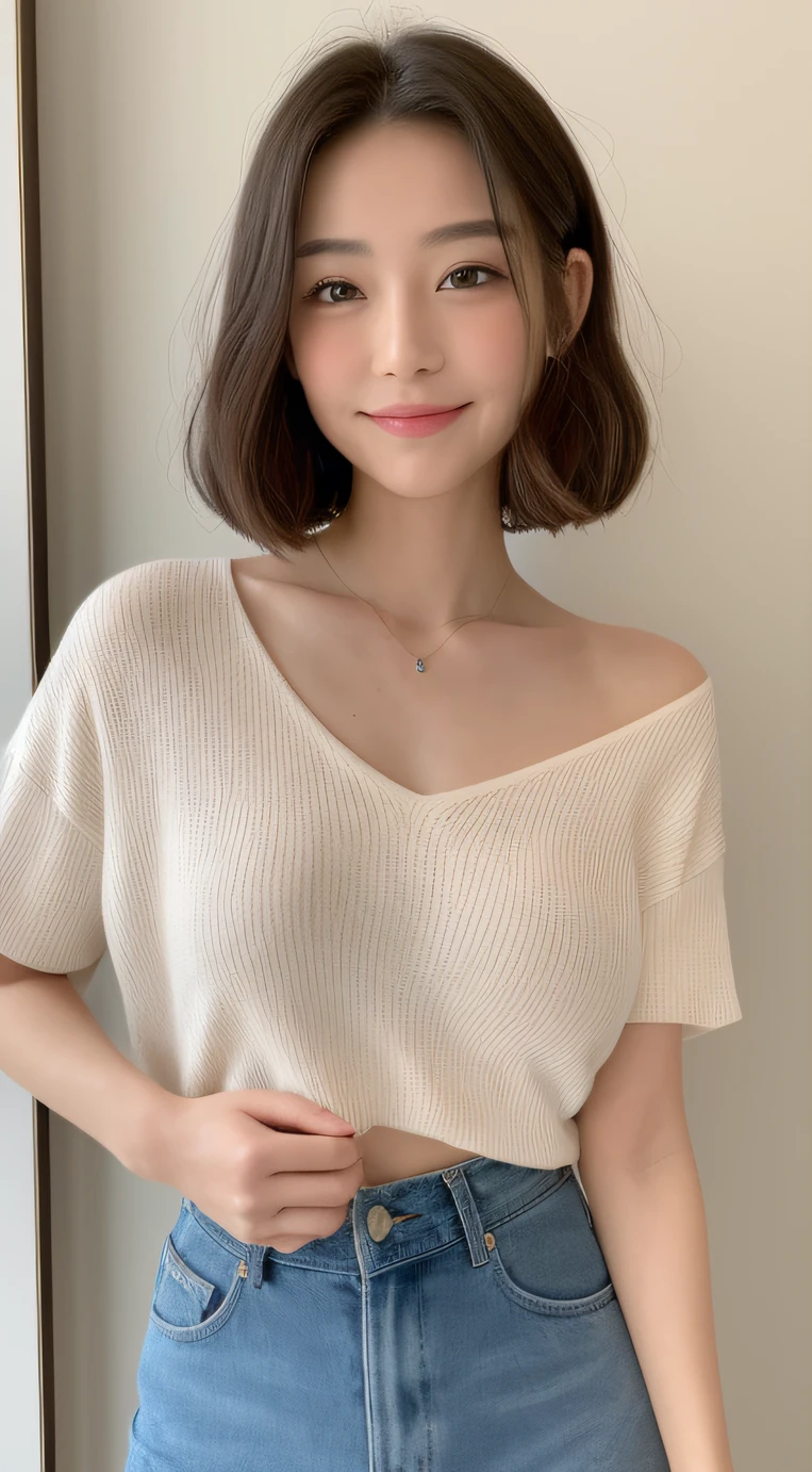 ((Best Picture Quality, 8k, tmasterpiece:1.3)), 1girl, Leakage out of the breast, Beautiful woman with slender abs:1.3, (Casual hairstyle, No leakage of big breasts:1.2), shift dresses:1.1, Ultra-fine face, A detailed eye, 二重まぶた,ssmile,Home
