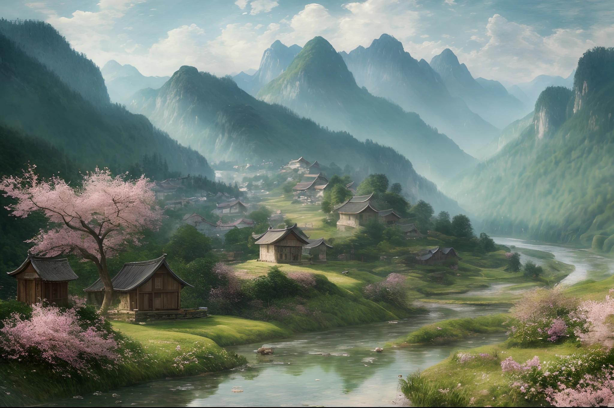 Peach Blossom Forest,villages,Small lake,Bridges,farm land,Qingming upper river map,peasant,arcadia,landscape,Chinese scenery,wood bridges,tree house,analogue style,ChromaV5,nvinkpunk,(非常详细的 CG 统一 8k 壁纸),Image of majestic mountains,The tones are pastel,Details of the rocky terrain and pastel tones of the landscape,Hazy atmospheres and subtle color changes give the scene depth and dimension,award winning photography,color difference,the detail,HDR,Bloom,Monet,Pissarro and Sisley's style,Trends on Artstation,Trends on CGSociety,The art of midjourney