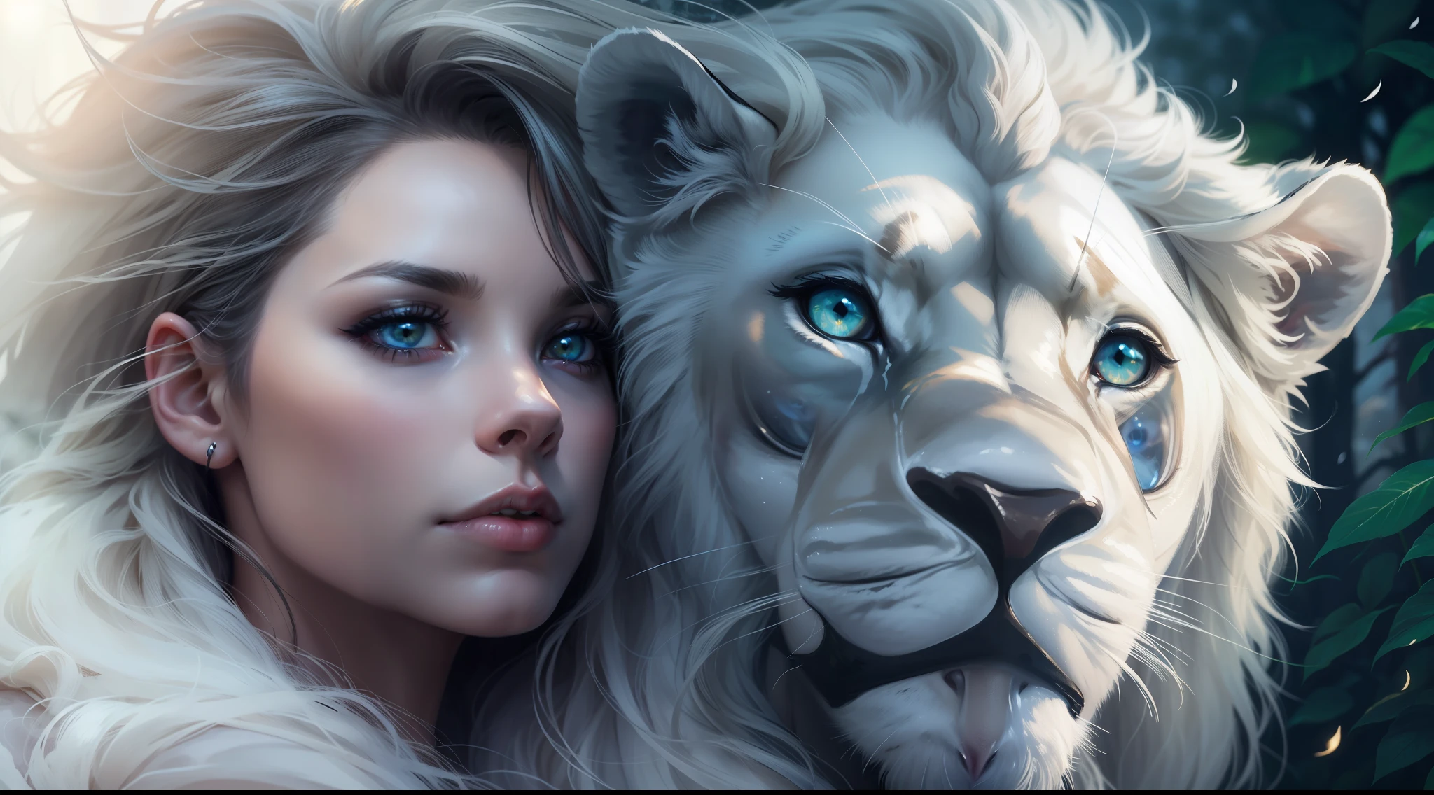 Dark and magical night, magic mist, Beautiful and beautiful woman next to a white lion, estilo de capa de filme, similar to actress Lauren German, Realistic, white lion next to German Lauren, mulher nova de 24 anos, magical effect, arte crua, best quality, foco nos detalhes, Lauren German, vestido de casaco, olhos azuis, longos cabelos brancos de neve, Fundo de imagem de floresta escura, estilo de capa de filme, menina que caminha na floresta nevada, Woman and Lion.