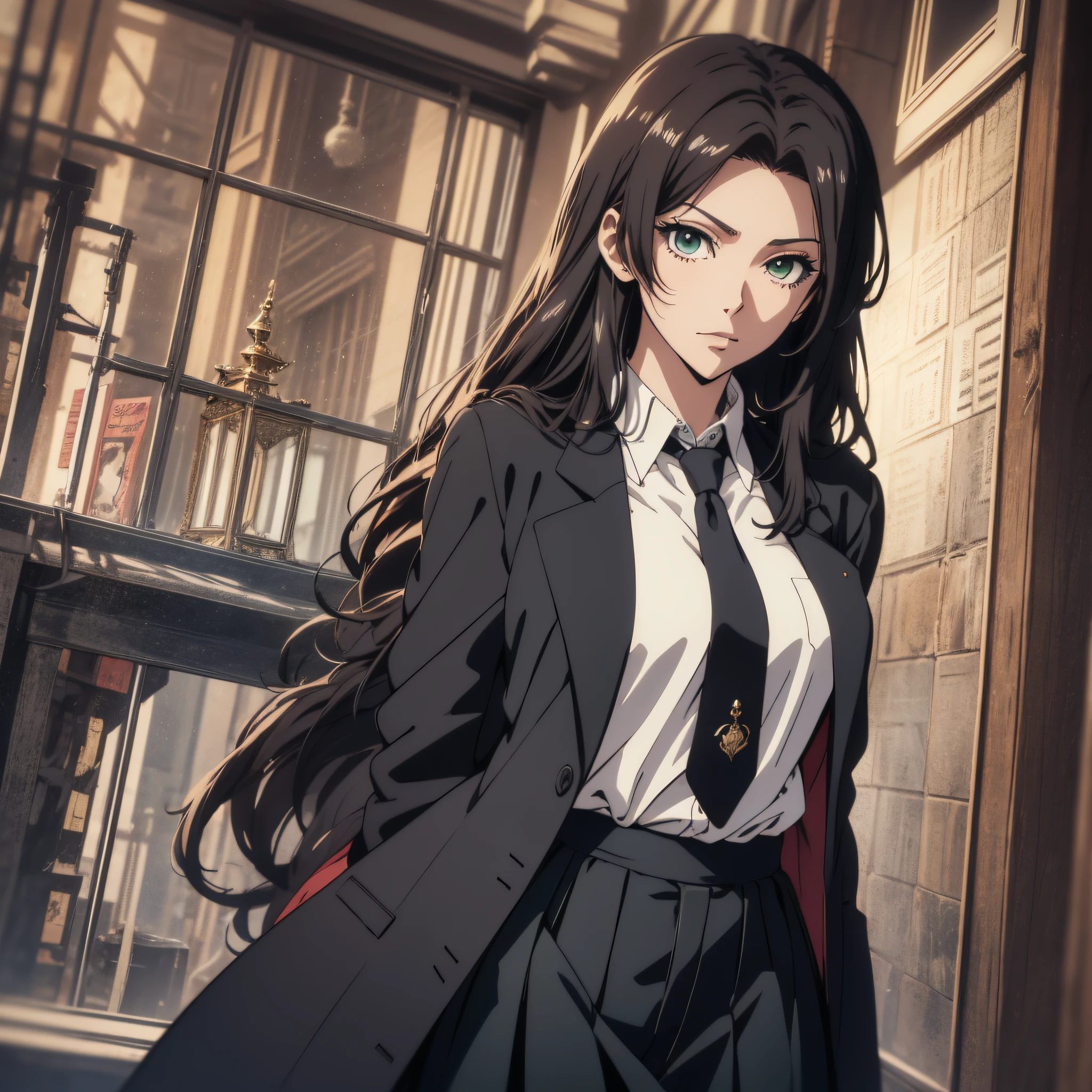 (best quality, masterpiece, ultra-detailed, extremely detailed, highres), (1girl, single, solo), 20 years old Anime girl, long raven hair, slightly wavy hair, parted bangs, Magus, green eyes, (necktie, single necktie), long black coat, white shirt, black skirt, aristocrat, noble attire, beautiful, ethereal, elegant, prestigious, classic, royal building