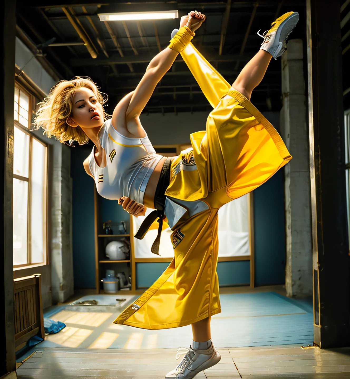 ((Best Quality)), ((Masterpiece)), (Detailed: 1.4), 16k, (((1girl))), very big chest, slim waist, short blonde hair, ((yellow eyes)), eyes detailed, ((eyes emitting intense glow)), muscular, extremely defined body, sweaty, ((taekwondo outfit)), sexy micro shorts, serious look, mat, performing the poomsae kick pose, in a martial arts fighting competition , extremely detailed image, detail in the audience.
