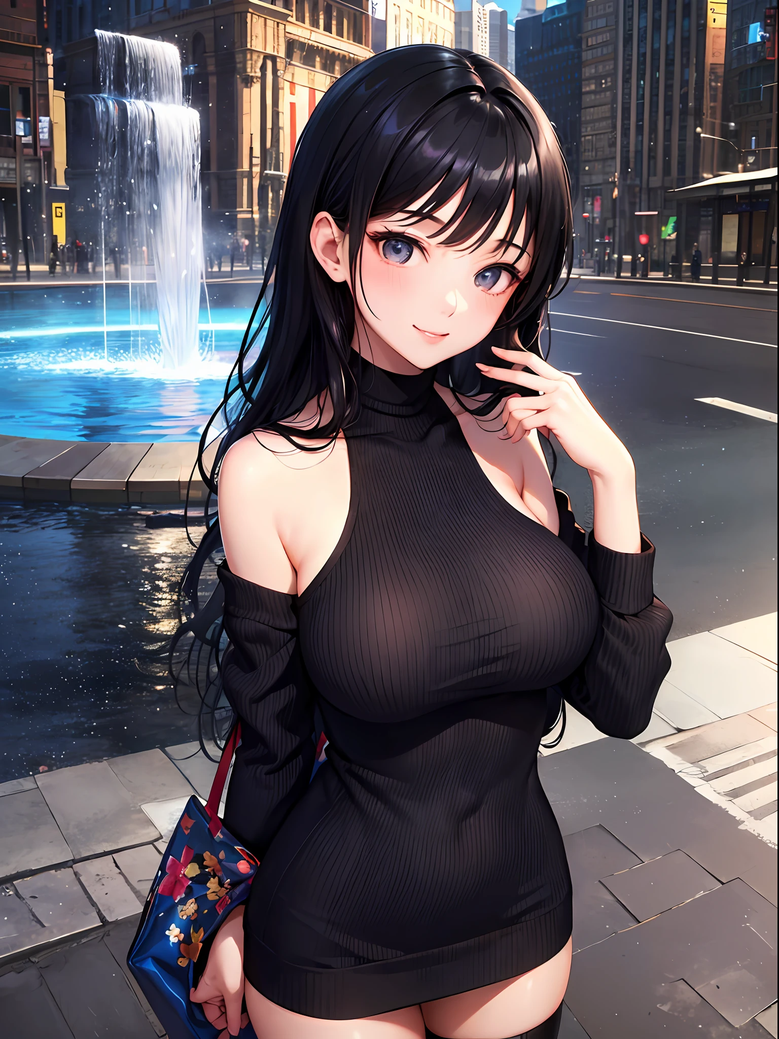 (top-quality: 1.3), (masterpiece: 1.3), (Super Detail: 1.3), (wall-paper, one girls: 1.1)、(Detailed hands and fingers:1.2)、(Detailed ultra-oily shiny skin:1.1)、(Perfect and beautiful black color high neck knit mini dress:1.2)、Black High Socks、Black hair、Longhaire、Straight hair、Beautiful sister、(ssmile:1.3)、(a park:1.2)、The fountain、(Beautiful Large Breasts:1.3) 、sexypose、is standing