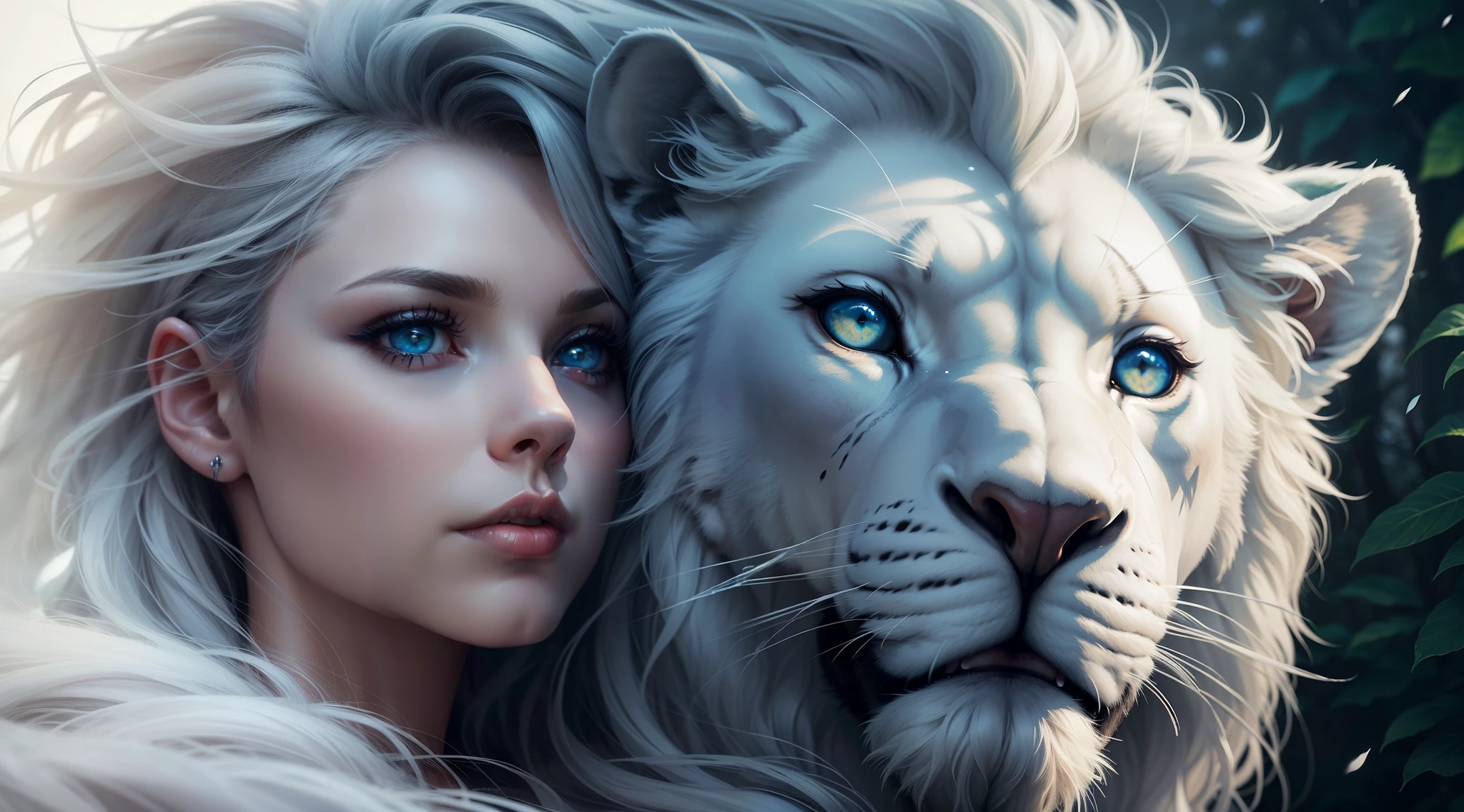 Dark and magical night, magic mist, Beautiful and beautiful woman next to a white lion, estilo de capa de filme, similar to actress Lauren German, Realistic, white lion next to German Lauren, mulher nova de 24 anos, magical effect, arte crua, best quality, foco nos detalhes, Lauren German, vestido de casaco, olhos azuis, longos cabelos brancos de neve, Fundo de imagem de floresta escura, estilo de capa de filme, menina que caminha na floresta nevada, Woman and Lion.