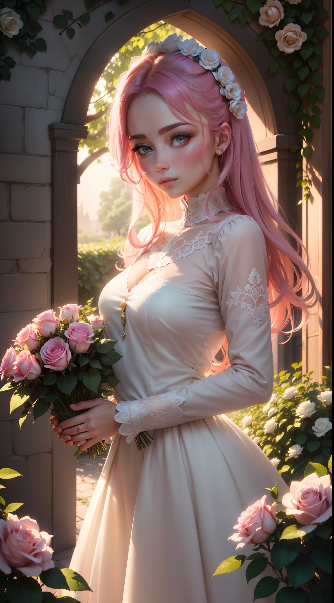 A bush of pink roses outside the house, beautiful and aesthetic, soft pink, beautiful aesthetic, roses in movie lights, lush flowers outdoors, nature and floral aesthetics, rose garden, roses, portal made of roses, beautiful images, roses, fantastic aesthetics, in a cottage core garden, pink golden hour, (masterpiece:1.6, best quality), (fine detailed beautiful eyes: 1.2), (extremely detailed CG unity 8k wallpaper, masterpiece , super detailed, best shadows), (detailed background), high contrast, (best lighting, extremely delicate and beautiful), ((color paint splatter on transparent background, Dulux,)), ((caustics) ), dynamic angles, beautiful detail glow,