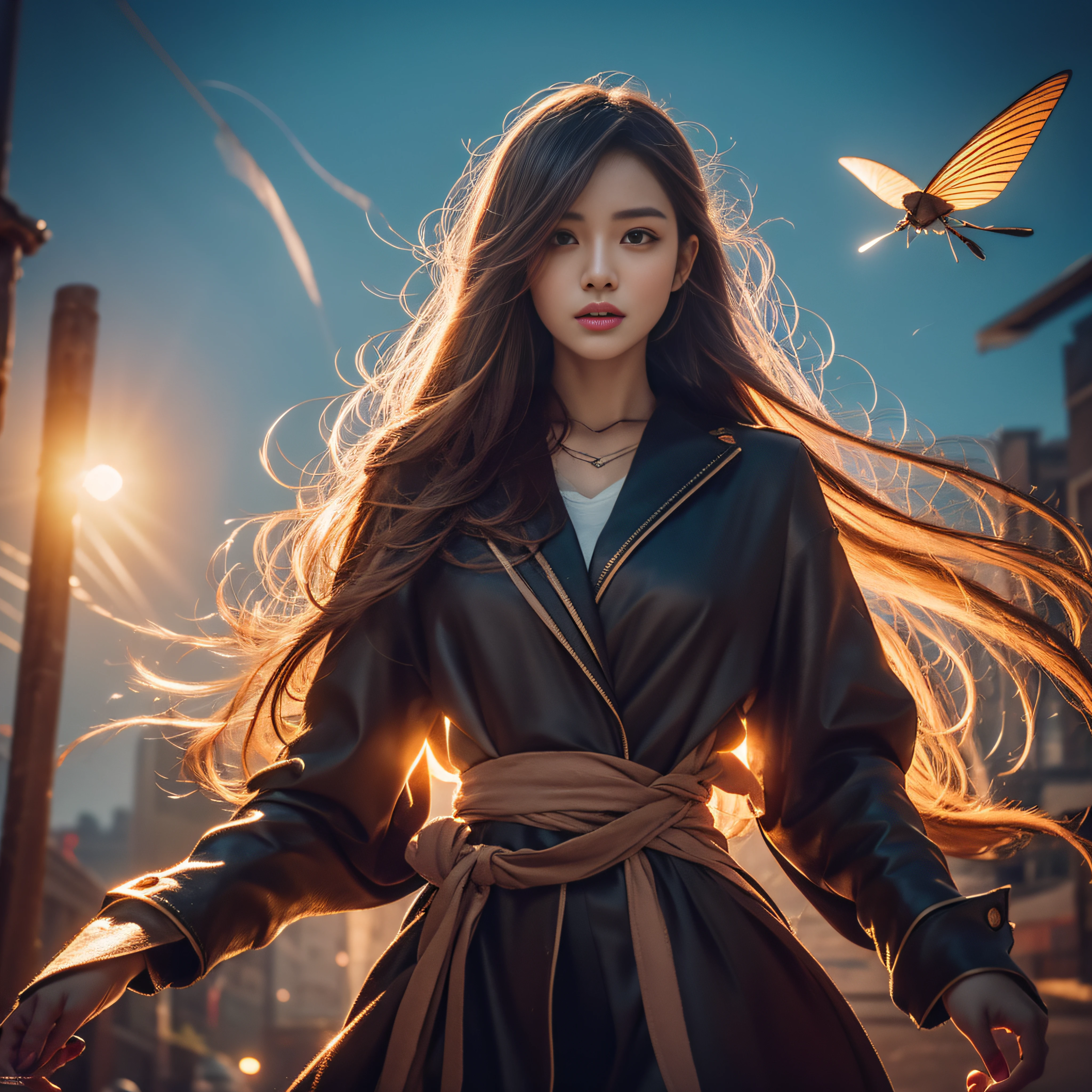 ighly detailed,tmasterpiece,Hyper High Detail,Beautiful and cool girls,dynamic angle,World Mastery Theater,Long messy hair,best qualtiy,Highly detailed CG Unity 8k wallpaper,inky,astounding,电影灯光,Lens Flare Glow,ighly detailed,tmasterpiece,Hyper High Detail,8K、realisitic、Hair that flutters in the wind、Clothes fluttering in the wind、Costumes fluttering in the wind、Full body composition
