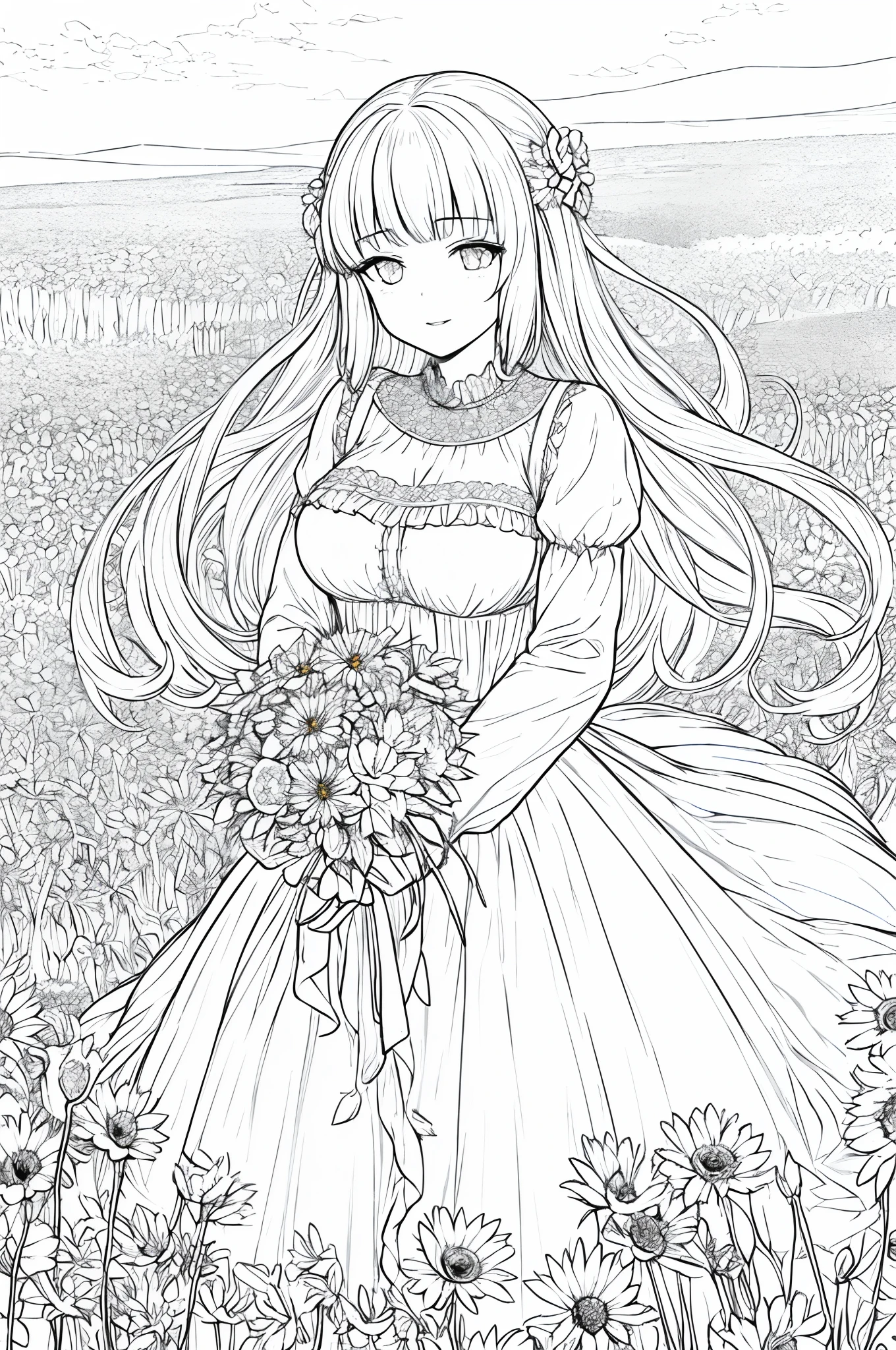 Big breasts ((wolf girl)) perfect eyes, masterpiece, best quality, ((1girl)), ground, long hair, bangs, , dress, puffy long sleeves, dress, holding bouquet of flowers, closed mouth, flower, ruffles , hair_flower, petals, parted lips shy smile, field of flowers, field of flowers, lineart, monochrome, in the middle of a Field of flowers, only the flowers have bright colors