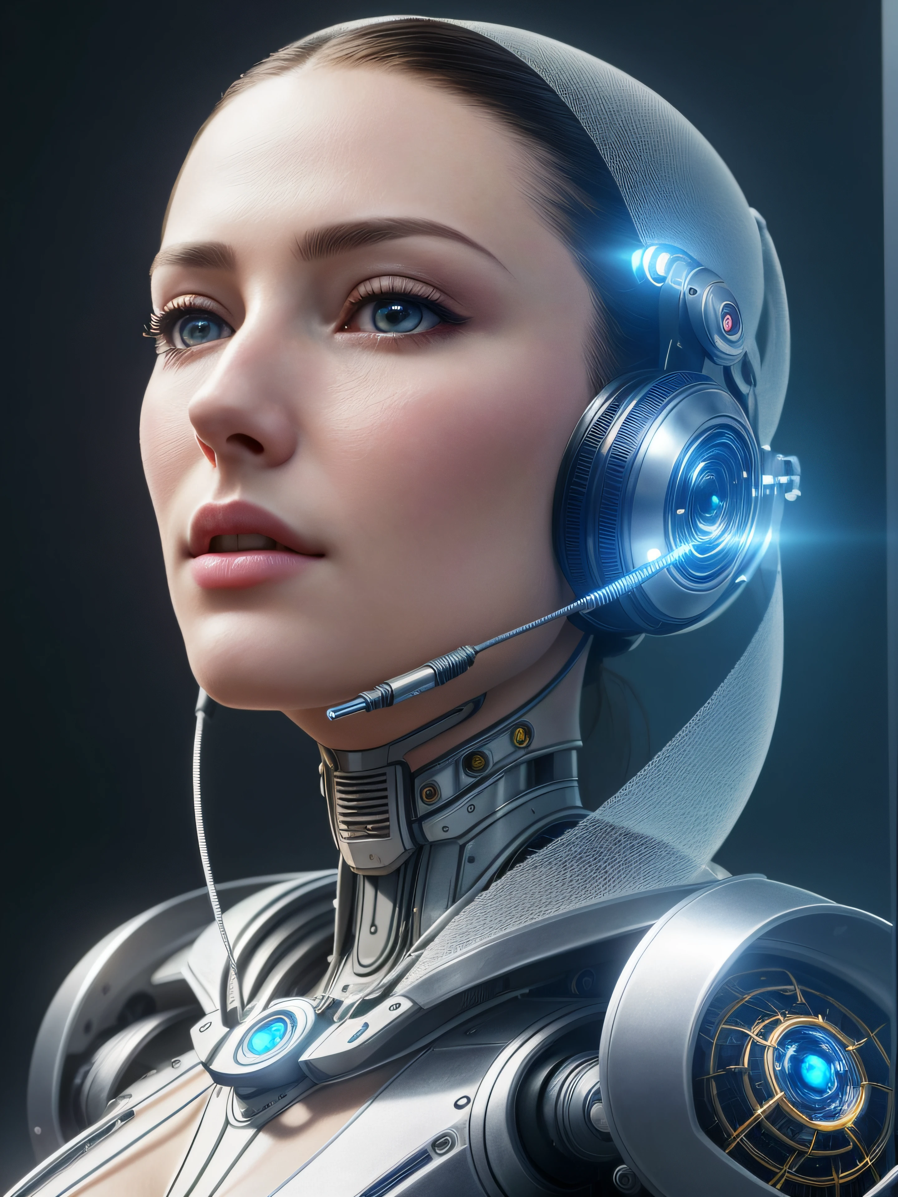 complex 3d render ultra detailed of a beautiful porcelain profile woman android face, Cyborg, cyborg robot parts, 150 mm, Beautiful studio soft light, rim-light, vibrant detail, Luxurious cyberpunk, Lace, Hyperrealistic, anatomically, face muscles, Cable Electrical Wire, micro Chip, elegant, Beautiful background, rendering by octane, h. r. Giger style, 8K, Best quality, Masterpiece, illustration, An extremely delicate and beautiful, Extremely detailed ,CG ,Unity ,the wallpaper, (Realistic, photo-realistic:1.37),Amazing, finedetail, Masterpiece,Best quality,offcial art, Extremely detailed Cg Unity 8K wallpaper, absurderes, unbelievable Ridiculous, robot, silver halmet, full bodyesbian, Sitting