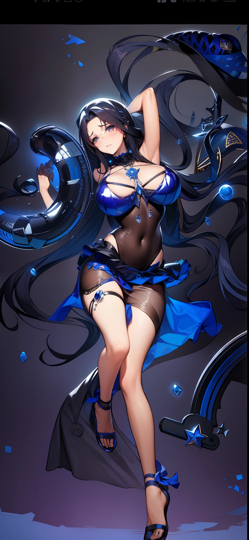 A beauty in stockings，a matural female，Blue translucent miniskirt，cabelos preto e longos，fearful expression，Tears in the eyes，very photoreal