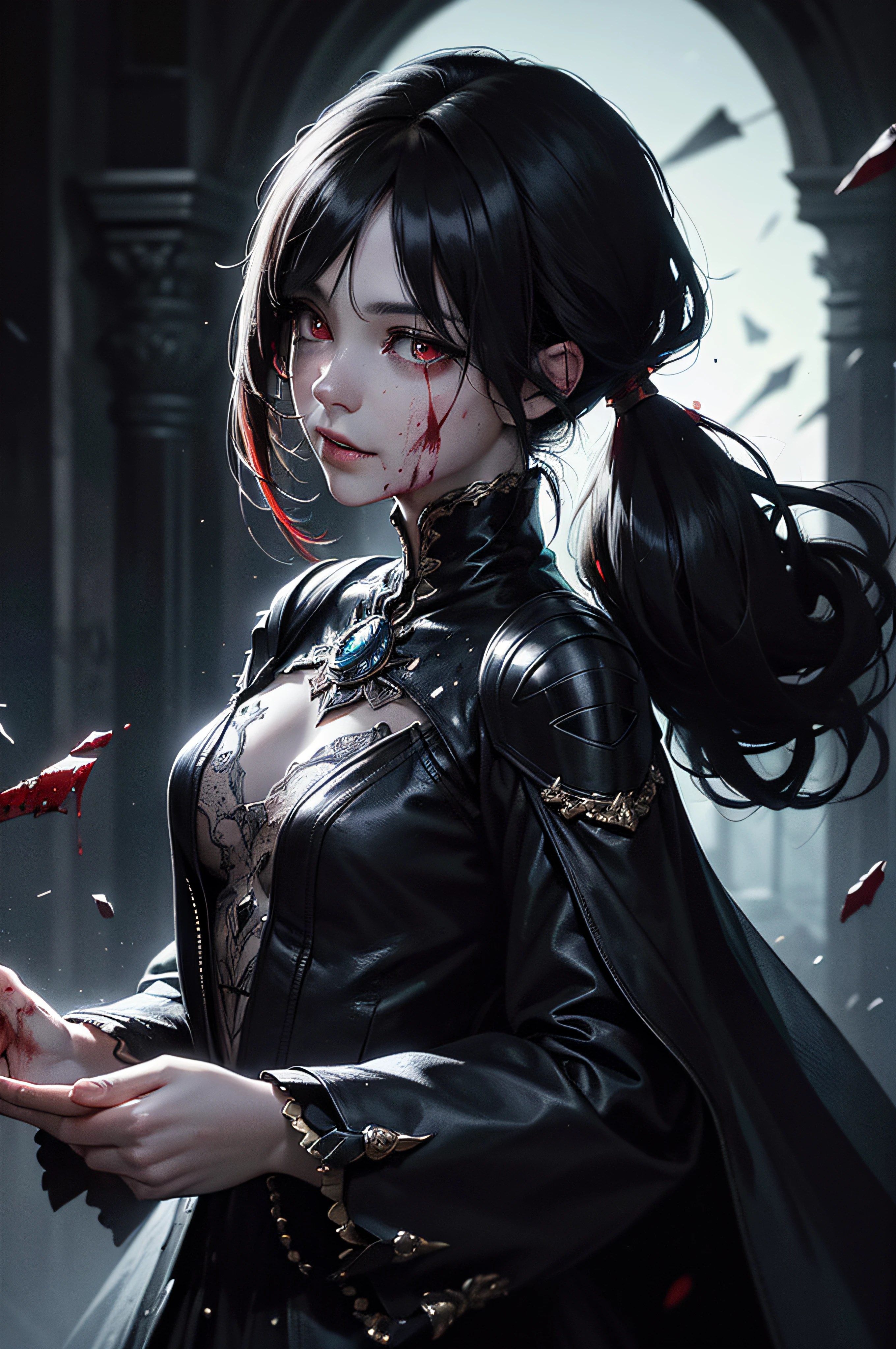 (masterpiece:1.2, best quality), (finely detailed beautiful eyes: 1.2), (detailed background,dark fantasy), (beautiful detailed face), high contrast, (best illumination, an extremely delicate and beautiful), ((cinematic light)), colorful, hyper detail, dramatic light, intricate details, (1 girl, solo,black hair, sharp face,low twintails,red eyes, hair between eyes,dynamic angle), (blood splatter:1.4), swirling black light around the character, depth of field,black light particles,(broken glass),magic circle,