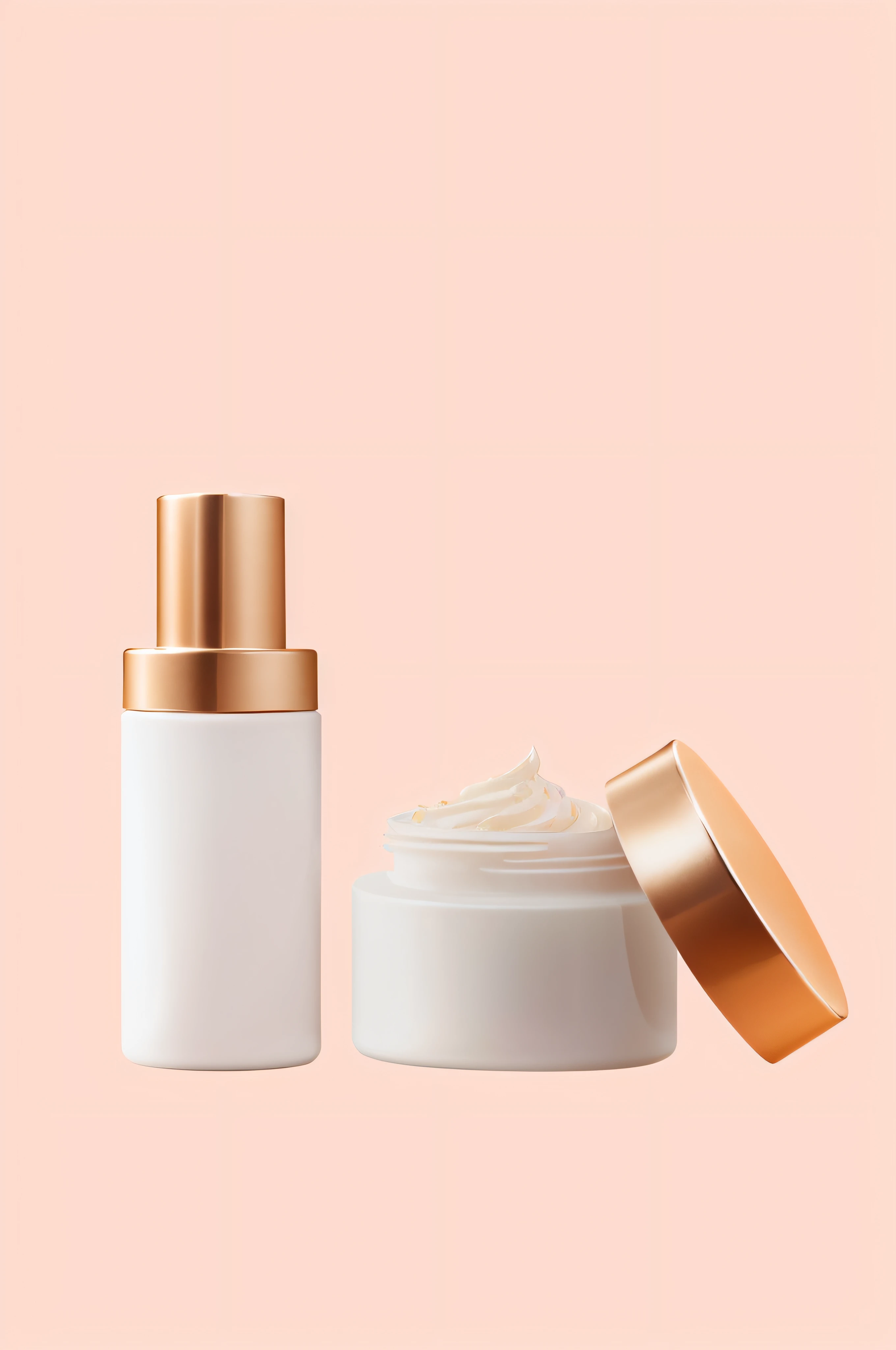 a close up of a container of cream and a container of cream, Skincare, skin care, cosmetics, Creamy skin, Clean face and body skin, diffused natural skin glow, minimalistic background, high quality topical render, Clean shine, glistning skin, Product photography, facial beauty, pristine and clean design, minimalistic composition, textured base ; product image