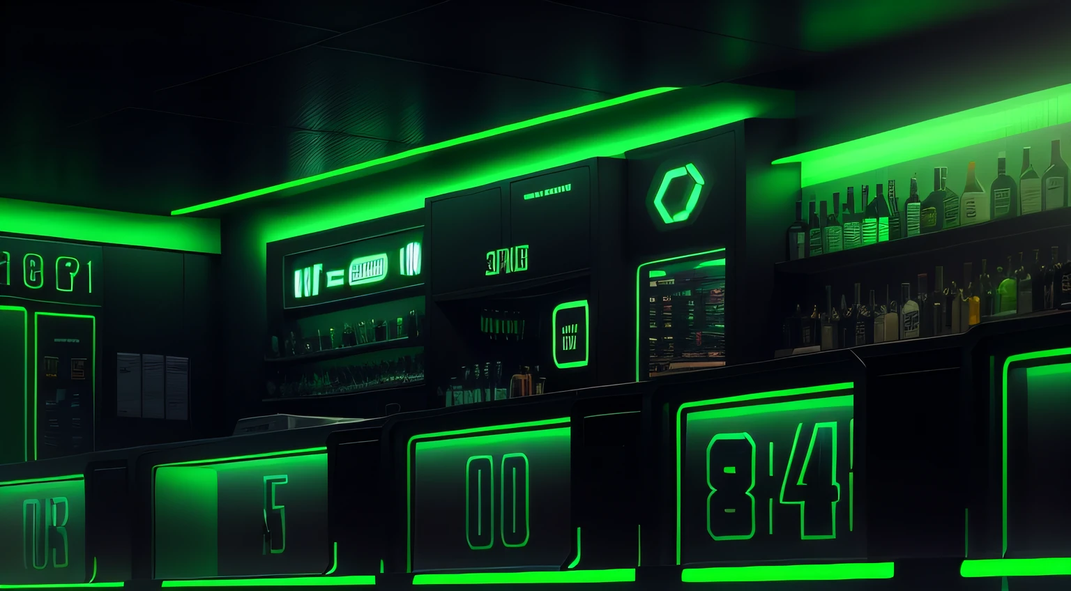 Interior space,neon-light-effect,Black and green combination,3D Digit Background,with light glowing,smooggy,Bar counter,HighestQuali,k hd,Realiy,The number background is random