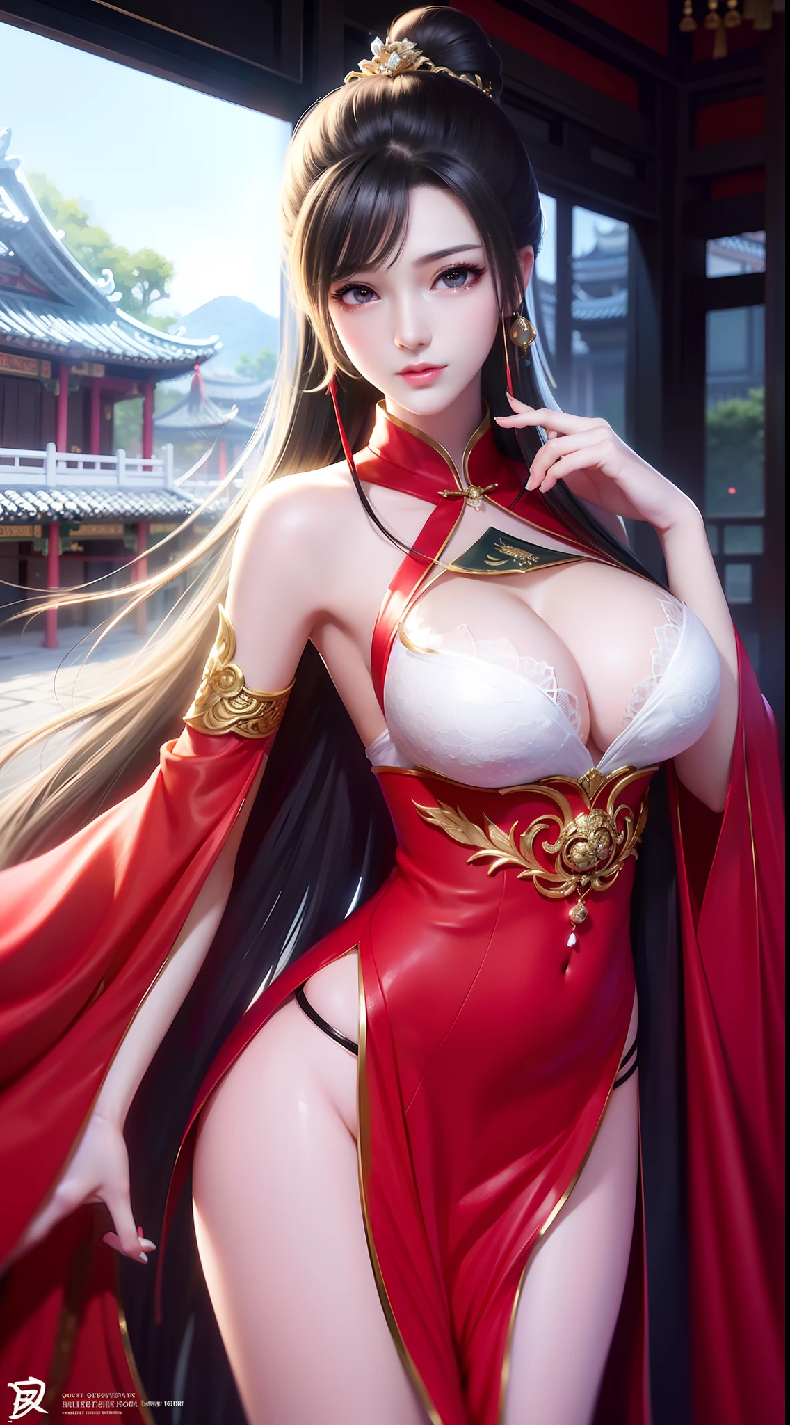 ((best qualtiy)),RAW photos,((tmasterpiece)),Need,超高分辨率,16k,Super clear picture quality,Wallpapers,realisticlying,Front lighting,Complicated details,Exquisitedetailsandtextures,1girll,独奏,Chinese architectural background,(年轻),full bodyesbian,Facial highlights,((Super detailed facial details)),Whitish skin,Black color hair,hair adornments,hair-bun,Ji hair style,耳Nipple Ring,looking at viewert,largeeyes,prette,sweet,Pure desire ceiling,Hanfu,show legs,(Breast enlargement:C cup),slimfigure,Chinese courtyard,Beautiful surroundings,best illuminate,softlighting,Vivid and bright,Graphics card rendering