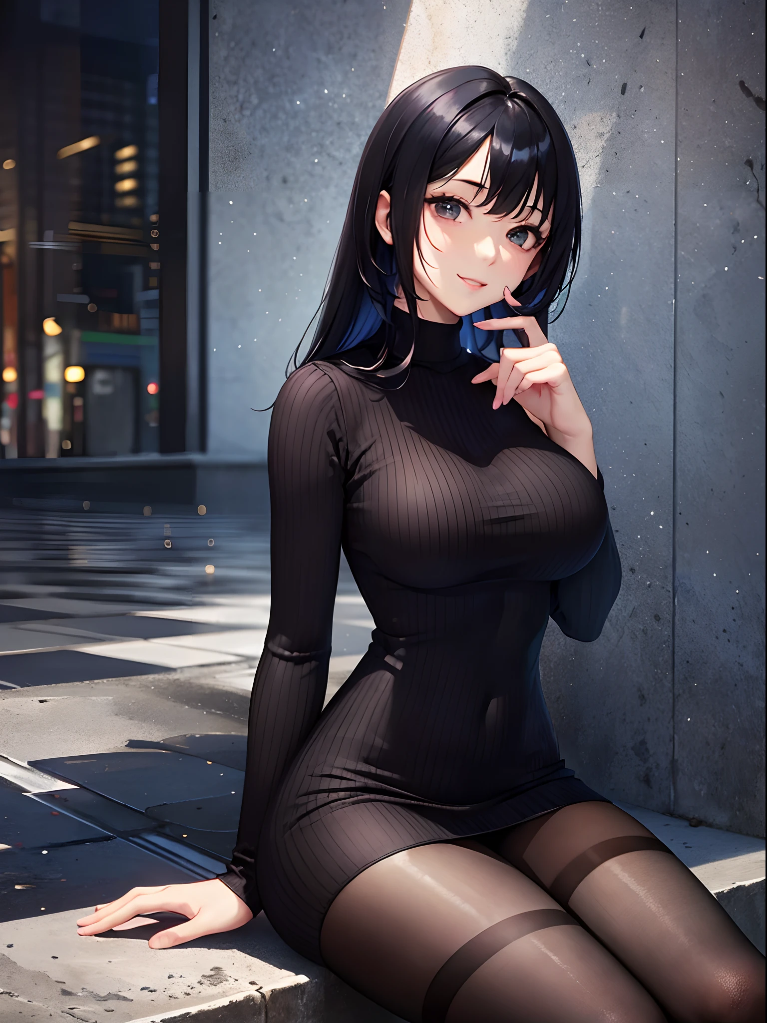 (top-quality: 1.3), (masterpiece: 1.3), (Super Detail: 1.3), (wall-paper, one girls: 1.1)、(Detailed hands and fingers:1.2)、(Detailed ultra-oily shiny skin:1.1)、(Perfect and beautiful black color high neck knit mini dress:1.3)、Black High Socks、Black hair、Longhaire、Straight hair、Beautiful sister、(ssmile:1.3)、(a park:1.2)、The fountain、(Beautiful Large Breasts:1.3) 、sexypose、Sit with your legs open
