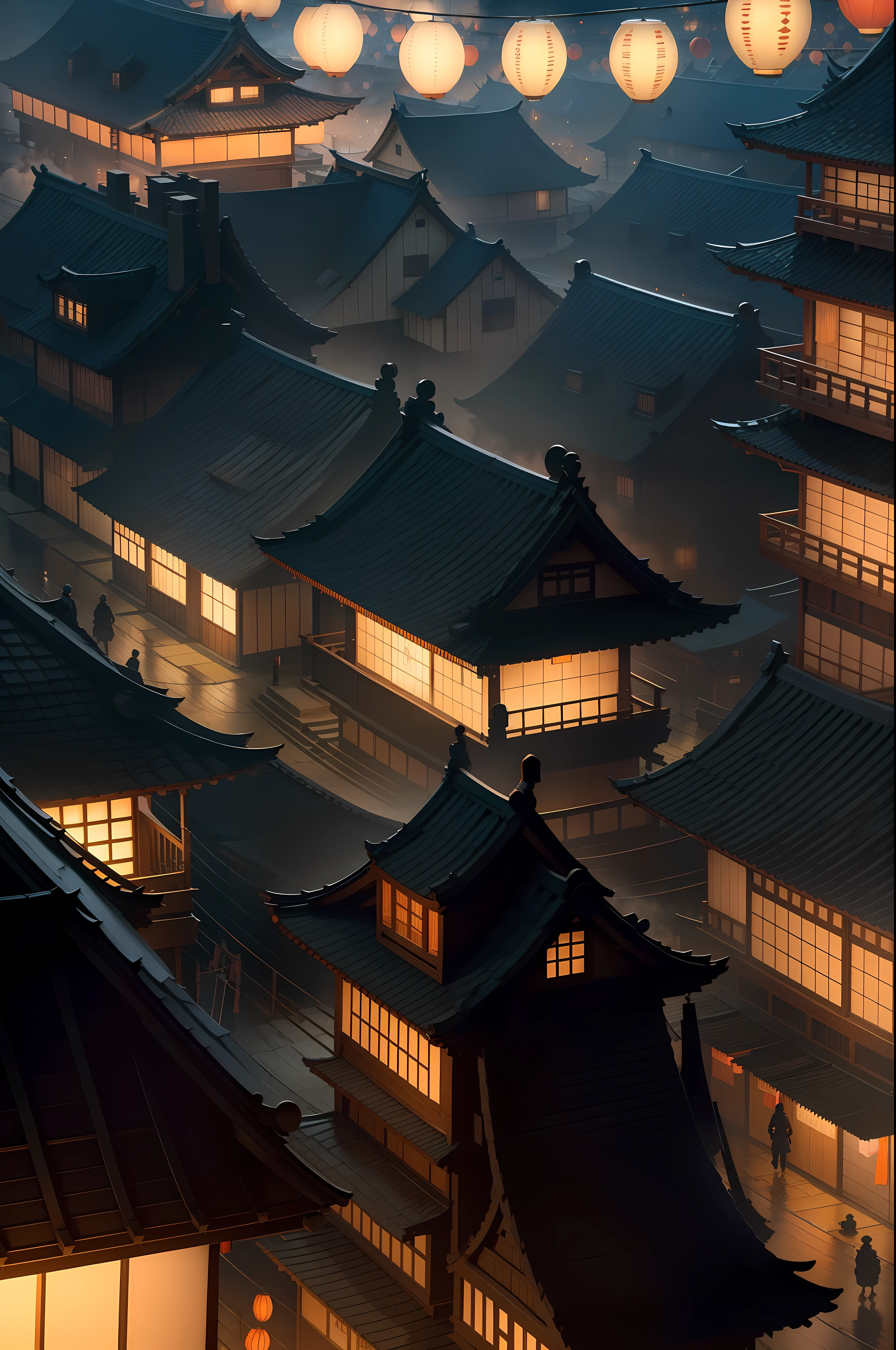 "Create an anime scene: a distant rooftop silhouette amidst a lively nighttime festival. A multitude revels in the Edo period street, paper lanterns casting warm glows on traditional houses. Amid this mirth, a barely perceptible ninja silhouette watches from afar. This AI-crafted artwork conjures the allure of a ninja's quiet presence, hidden above, amidst the festival's vibrant tapestry."